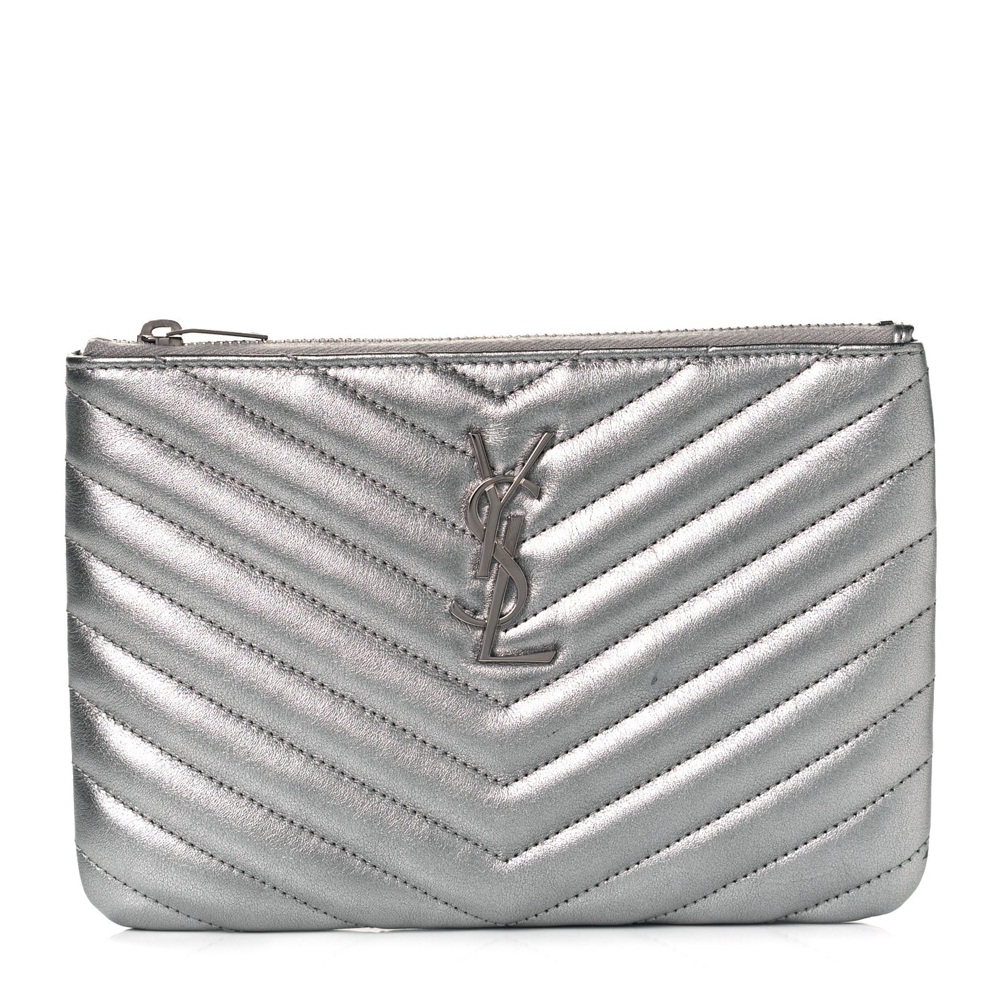 Metallic Calfskin Matelasse Chevron Monogram Pouch Silver