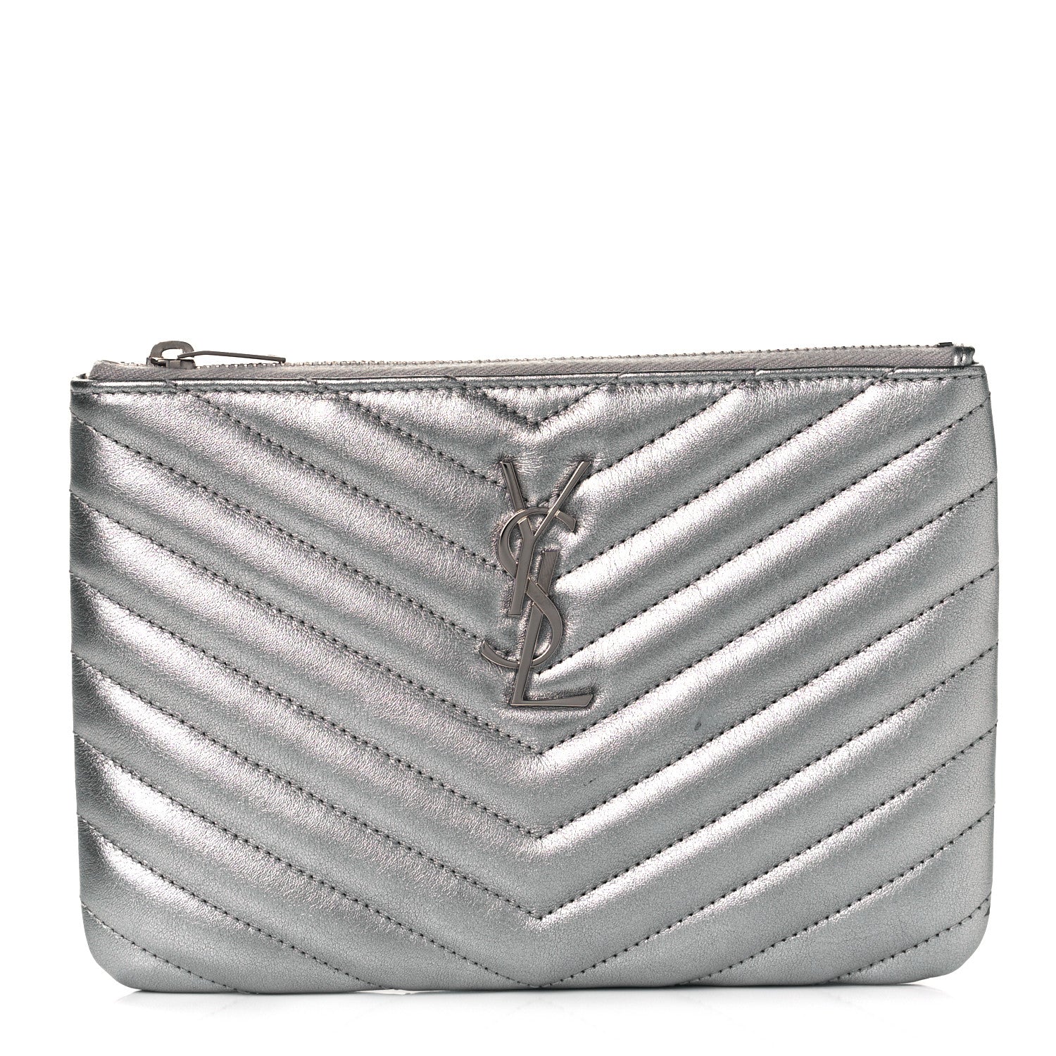 Saint Laurent Metallic Calfskin Matelasse Chevron Monogram Pouch Silver 1 of 10