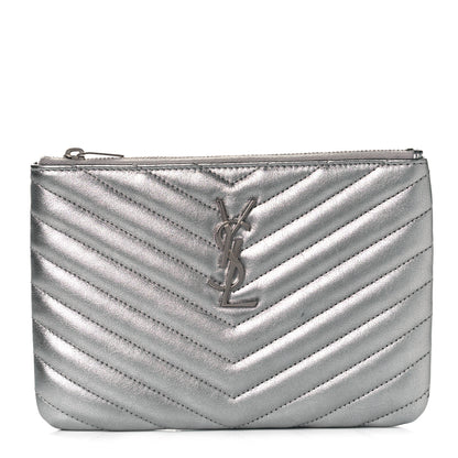 Saint Laurent Metallic Calfskin Matelasse Chevron Monogram Pouch Silver 1 of 10