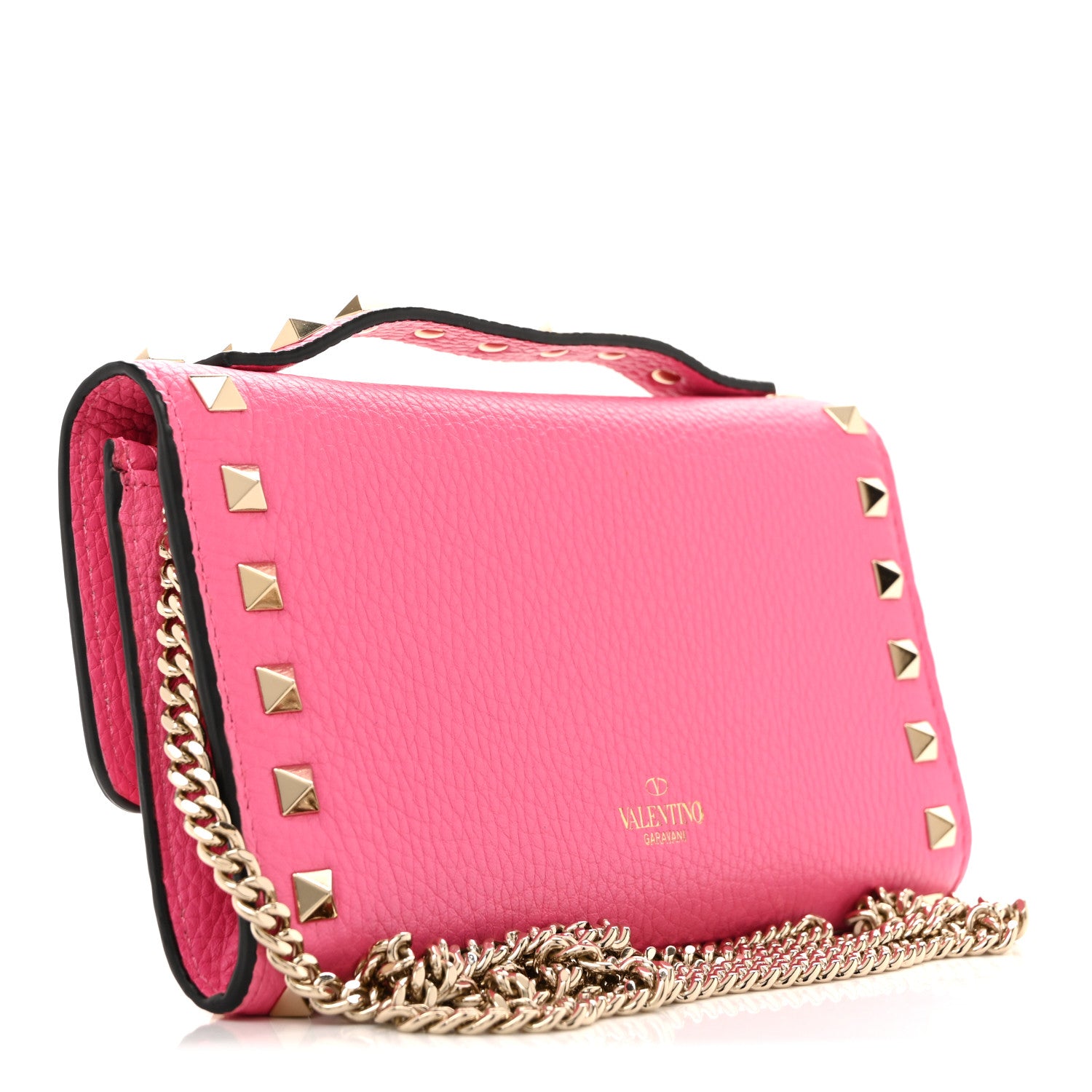 Valentino Garavani Pebbled Calfskin Rockstud Flip Lock Wallet On Chain Feminine Pink 4 of 19