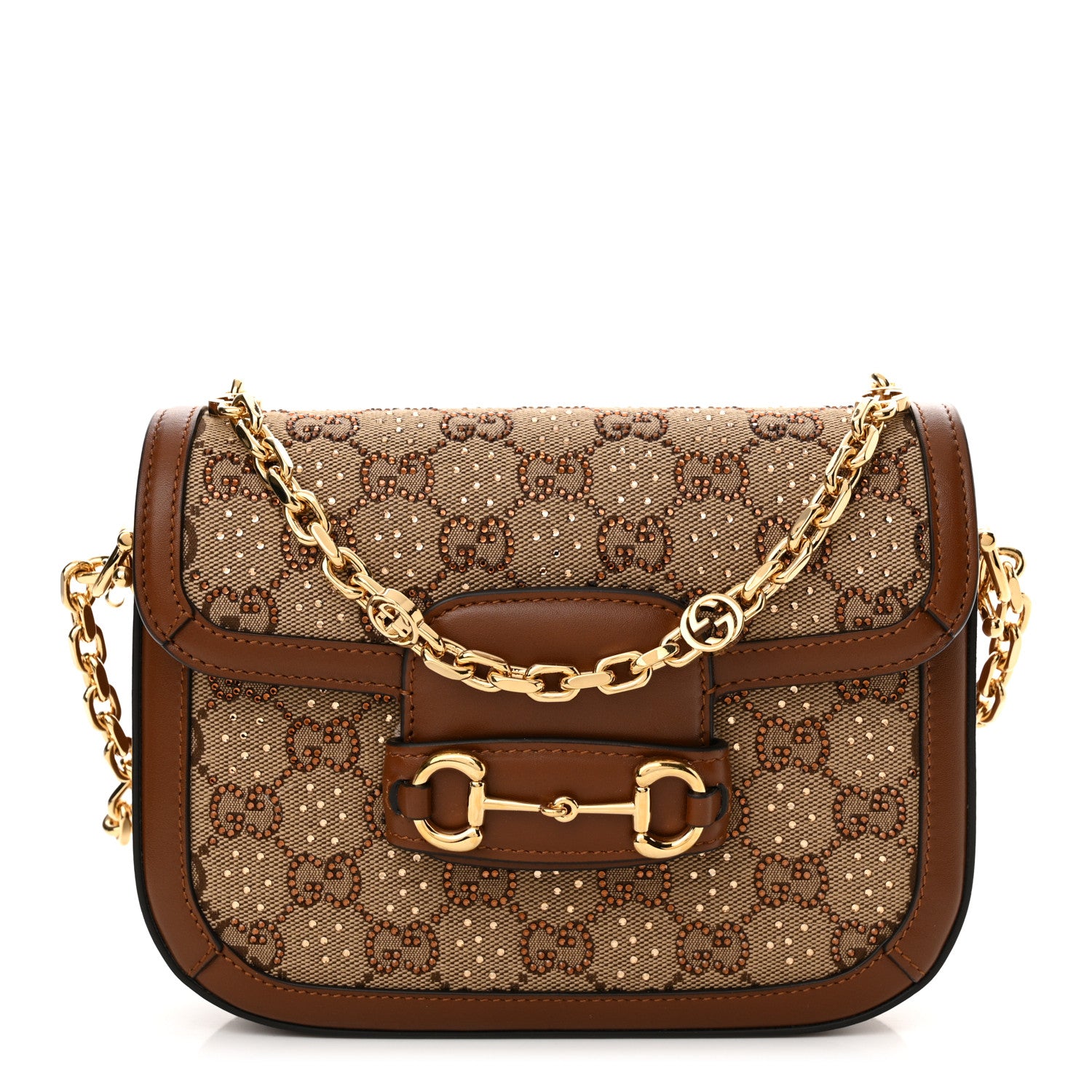 Gucci Canvas Calfskin Crystal GG Monogram Mini Horsebit 1955 Shoulder Bag Camel Ebony 8 of 13