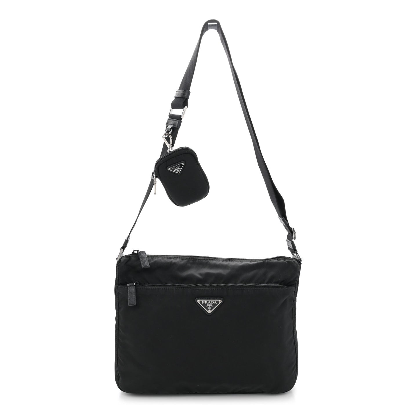 Re-Nylon Vela Saffiano Pocket Double Zip Messenger Bag Black