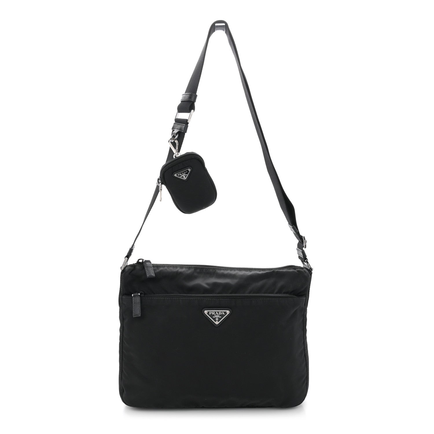 Prada Re-Nylon Vela Saffiano Pocket Double Zip Messenger Bag Black 1 of 10