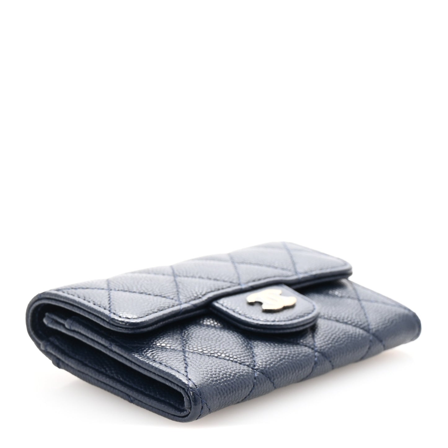 Caviar Quilted Flap Card Holder Wallet Navy Blue