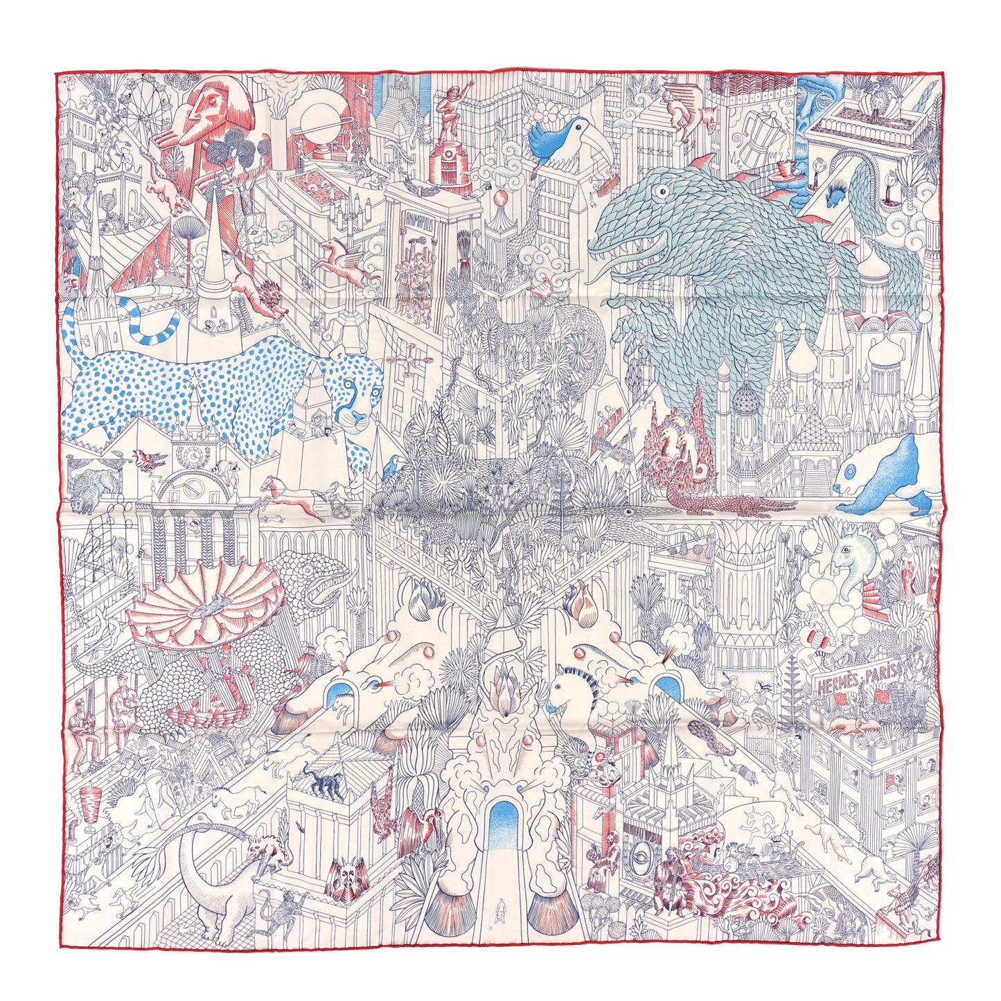 Silk Animapolis Scarf 90 White Bleu Azur Rouge