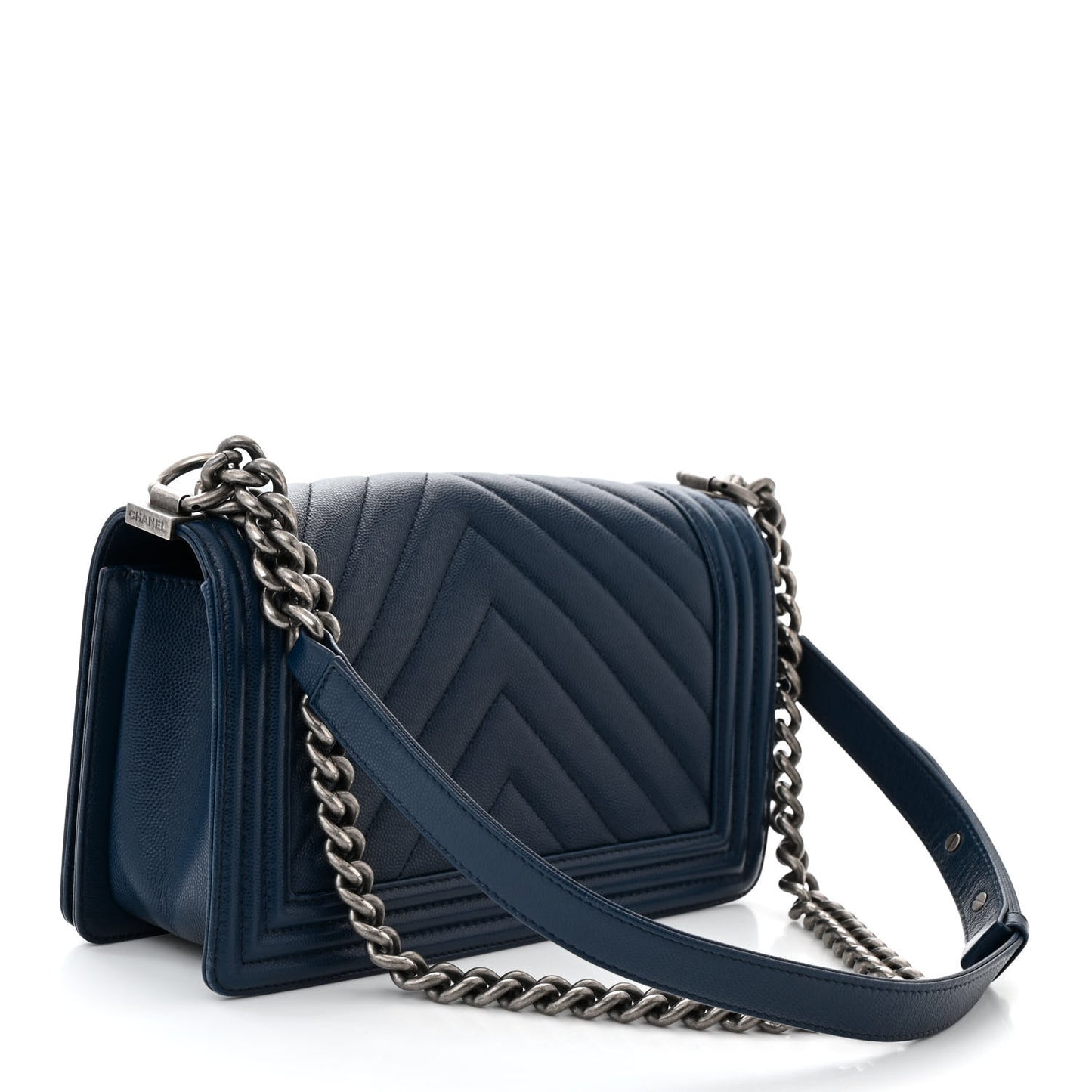 Caviar Chevron Quilted Medium Boy Flap Navy