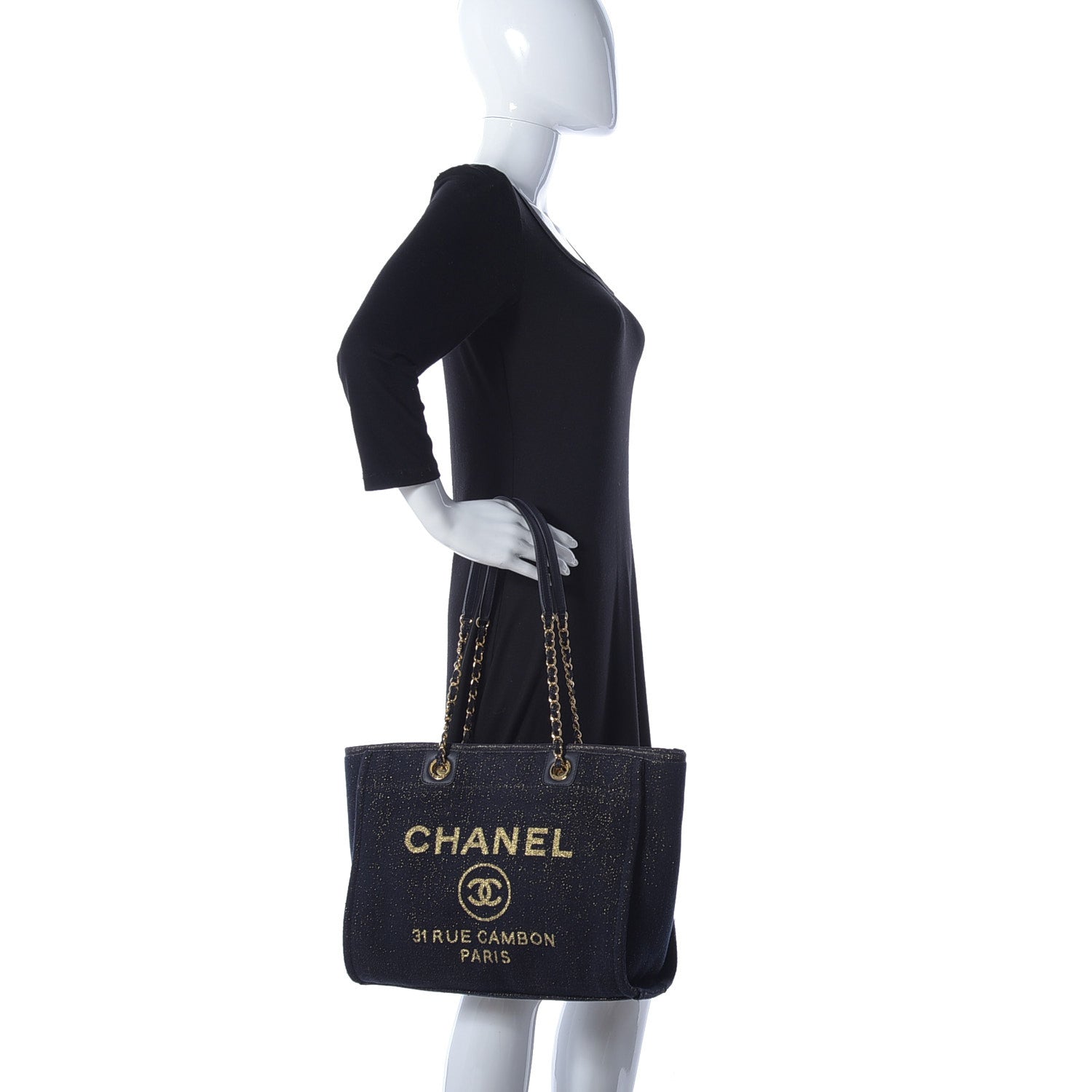 Chanel Lurex Canvas Small Deauville Tote Navy Blue Gold 2 of 11