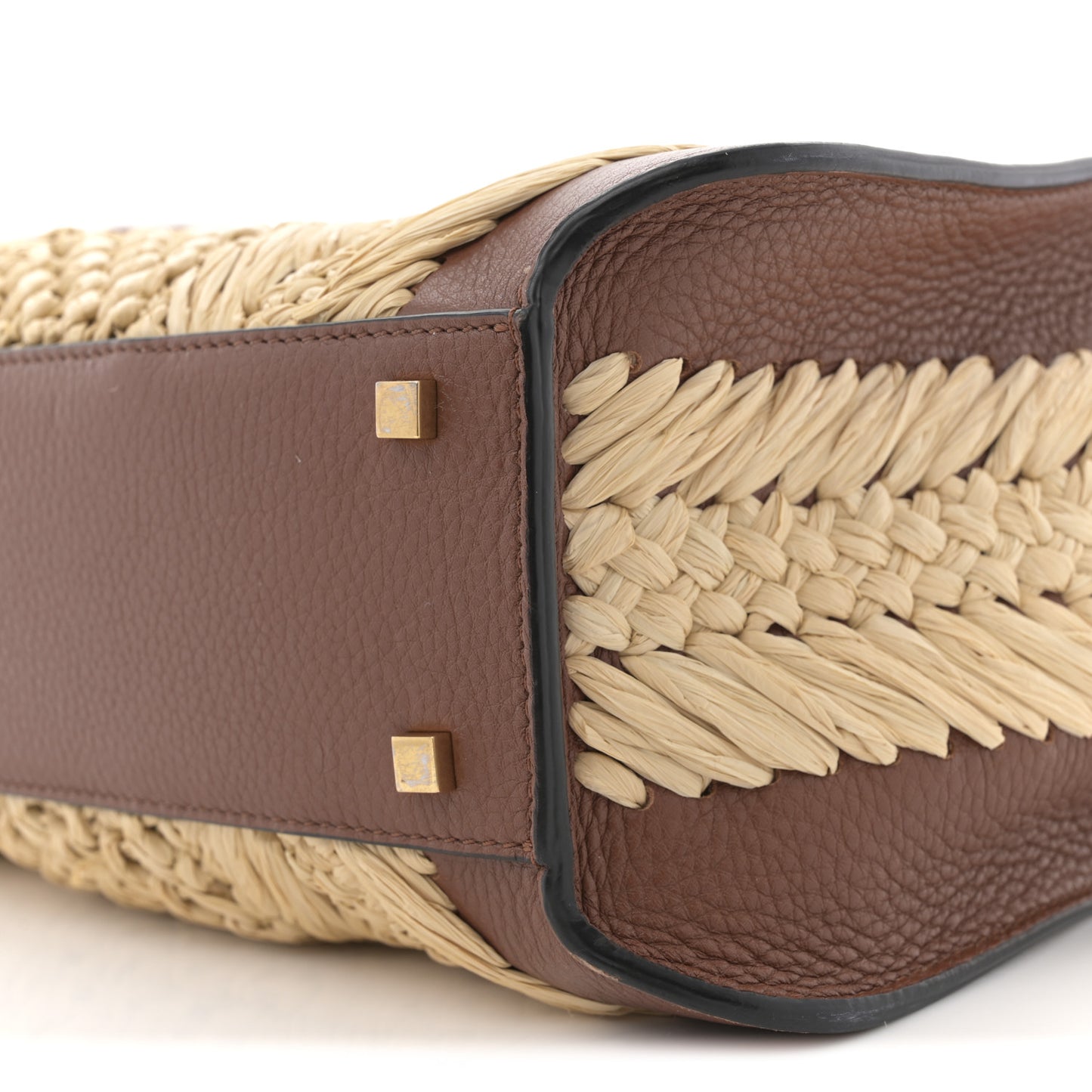 Raffia Calfskin Small Vlogo Signature Tote Natural Saddle Brown