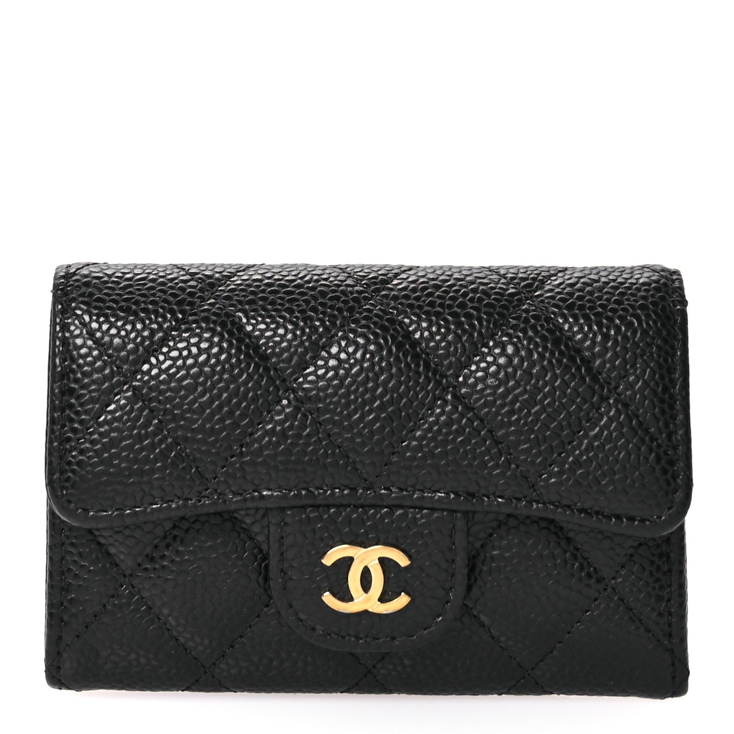 Caviar Quilted Flap Card Holder Wallet Black