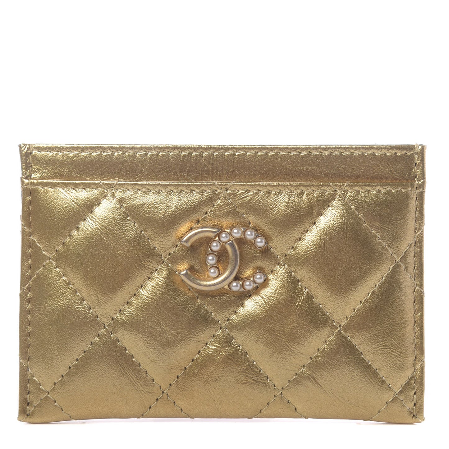 Metallic Aged Calfskin Quilted Card Holder Gold