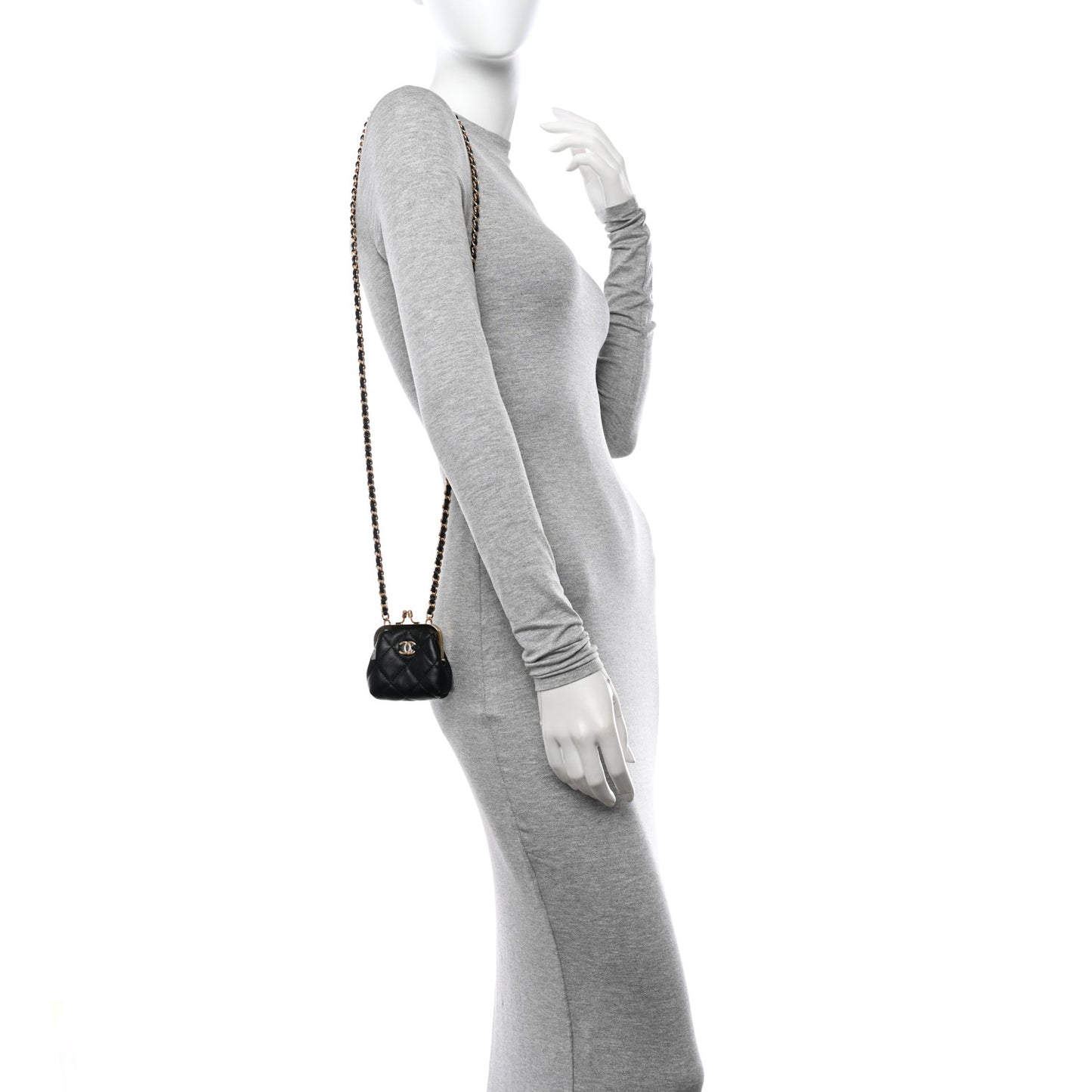 Lambskin Quilted Mini Kiss Lock Clutch With Chain Black