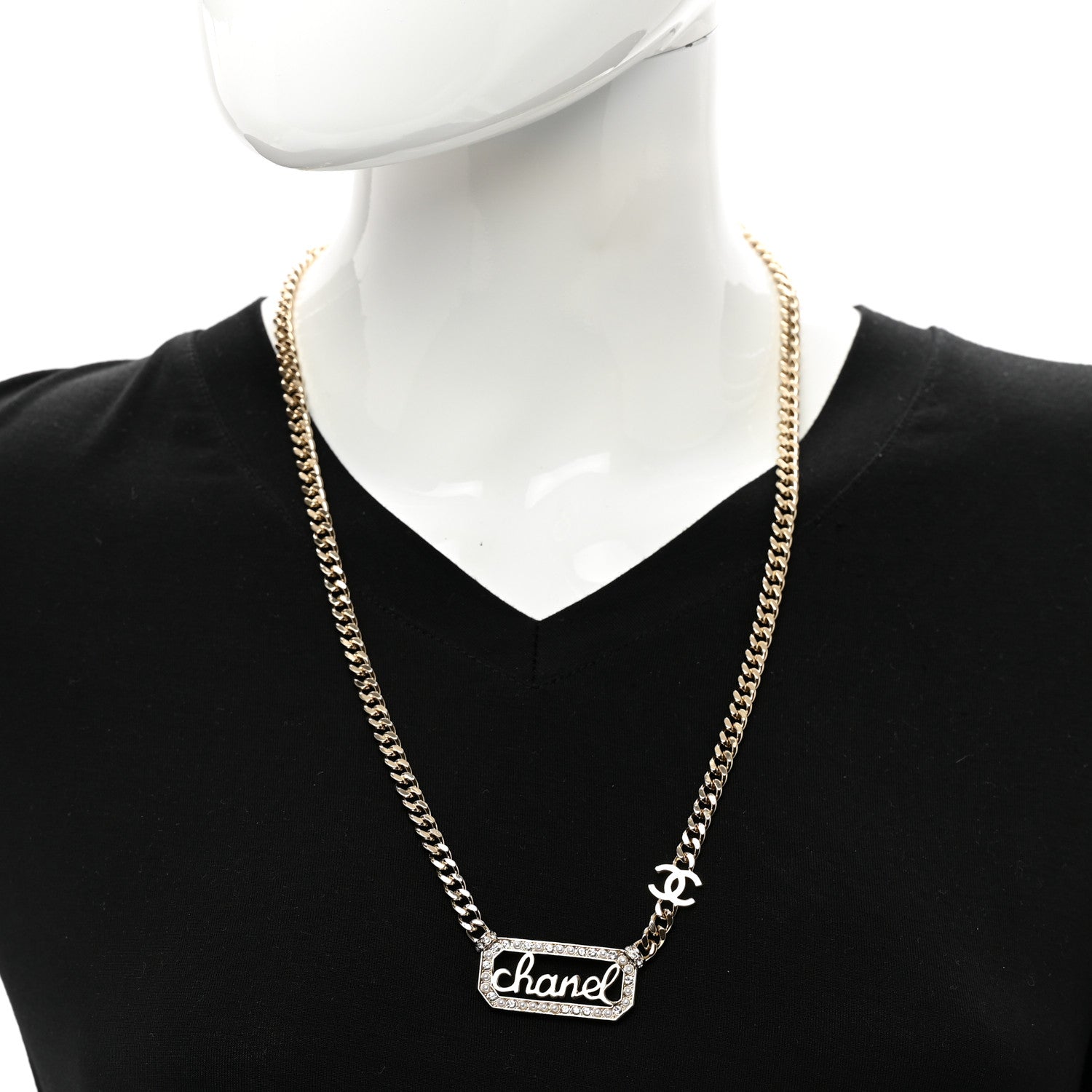 Chanel Metal Crystal Pearl Logo Necklace Gold Gold 2 of 4