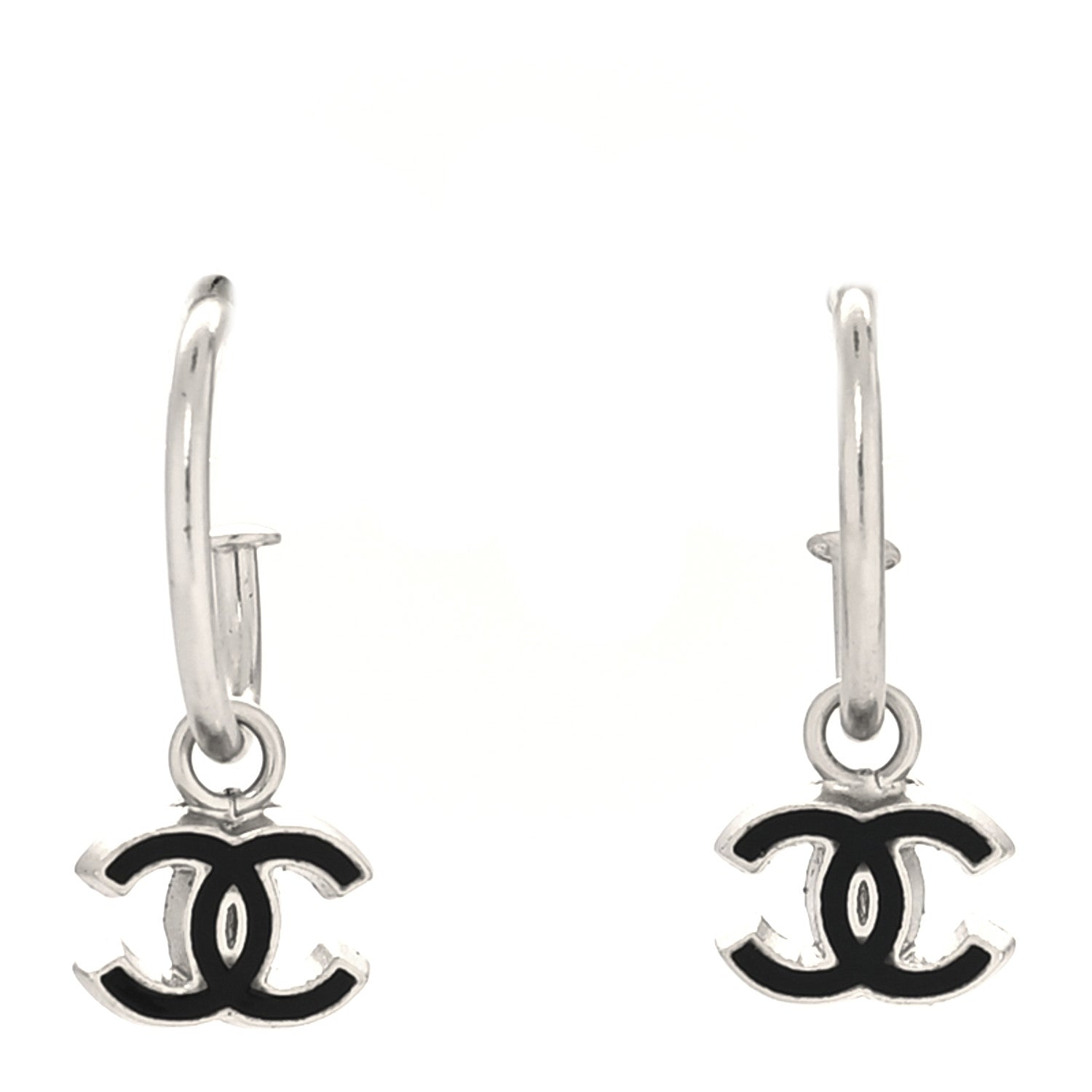 Chanel Enamel CC Hoop Earrings Silver Black 1 of 4