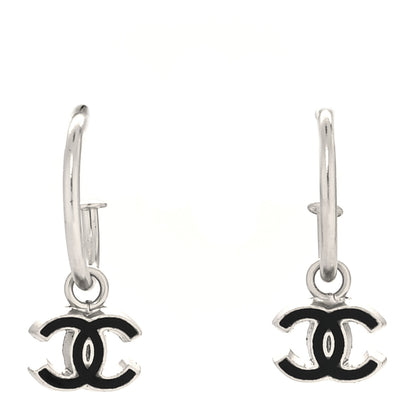 Chanel Enamel CC Hoop Earrings Silver Black 1 of 4