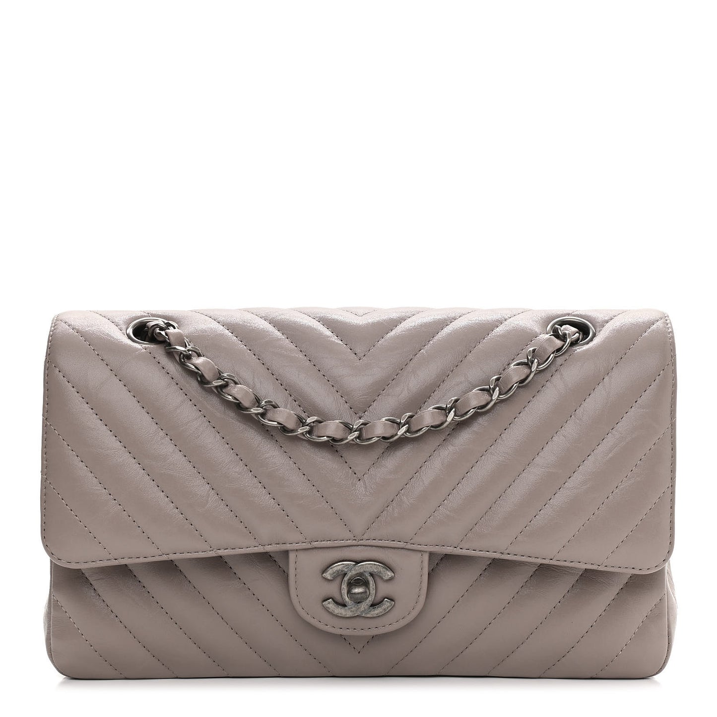 Iridescent Calfskin Chevron Quilted Medium Double Flap Grey