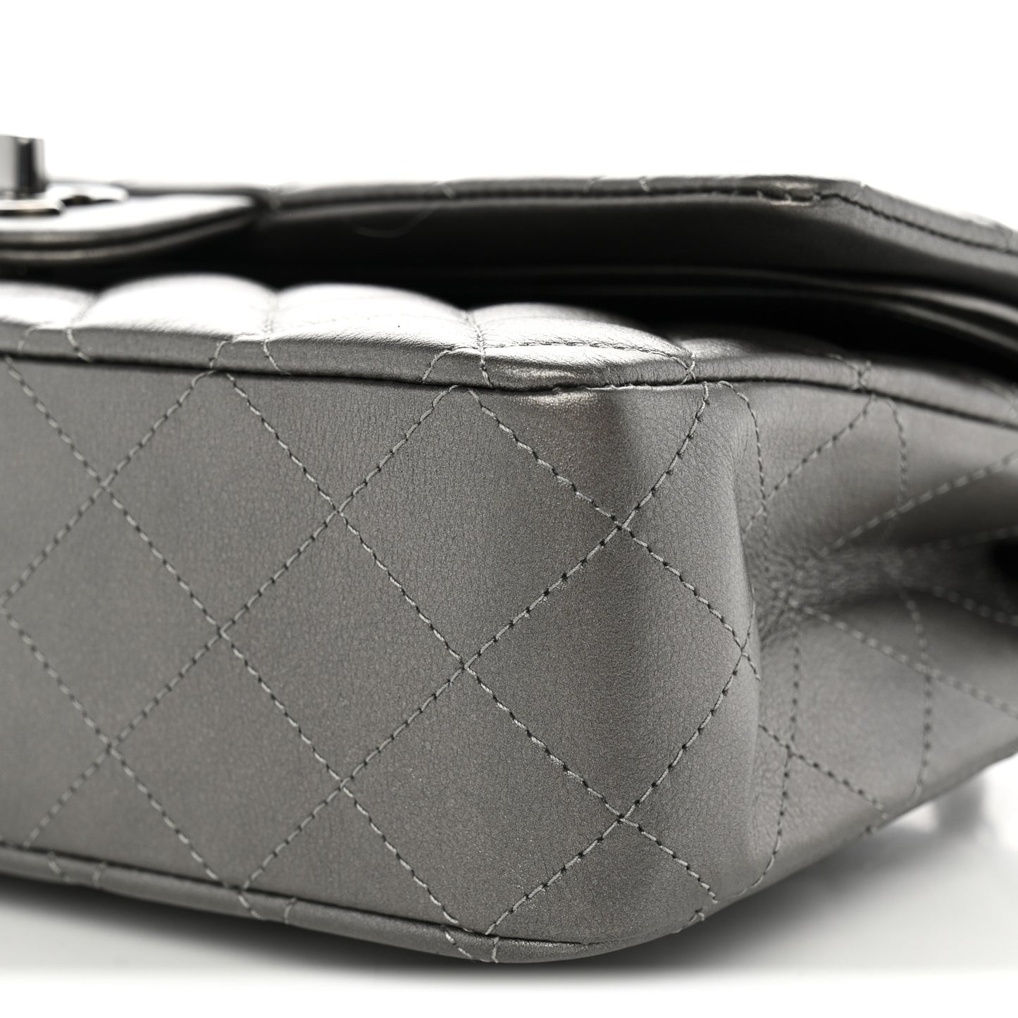 Metallic Calfskin Quilted Medium Double Flap Ruthenium Ruthenium