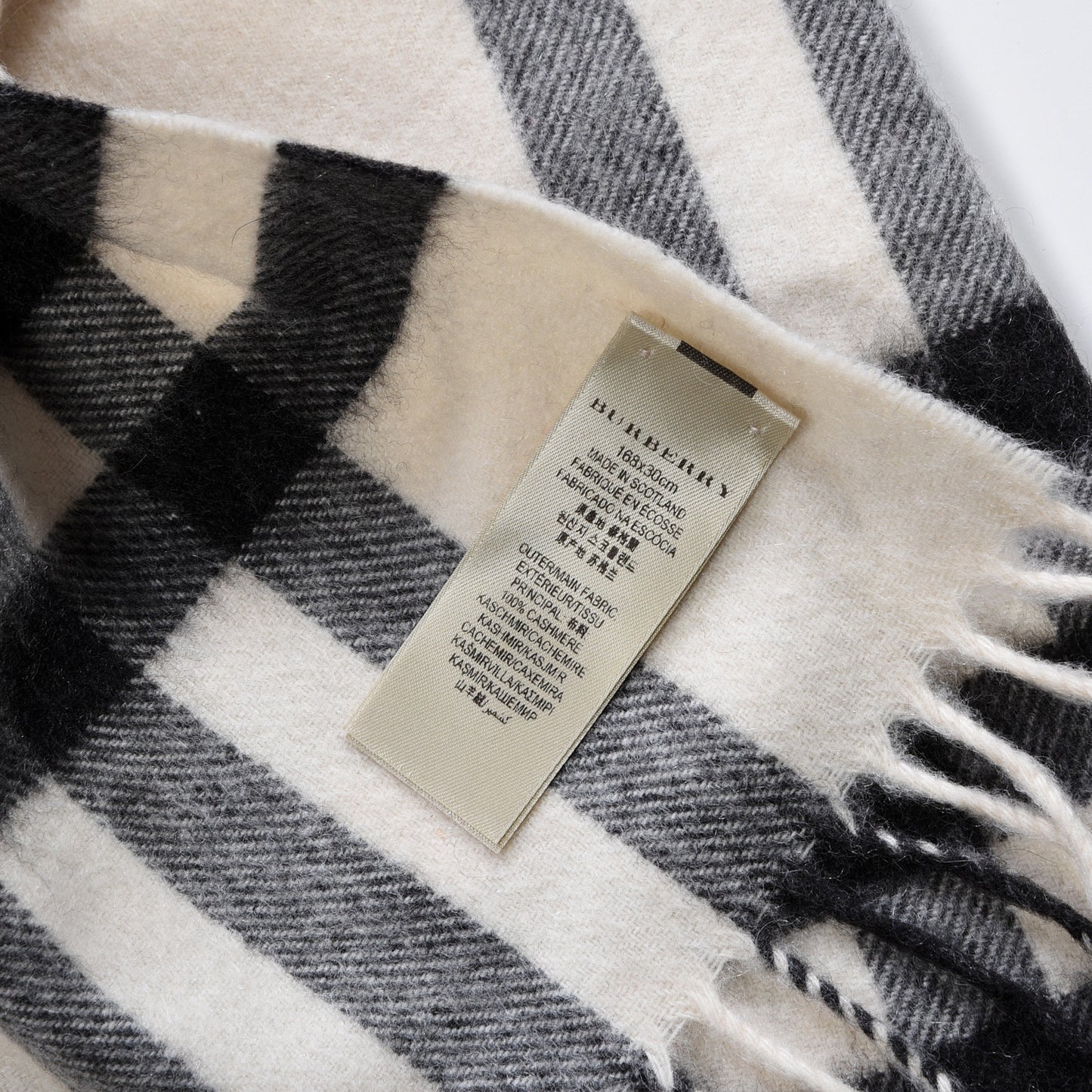 Cashmere Giant Check Fringe Scarf Ivory