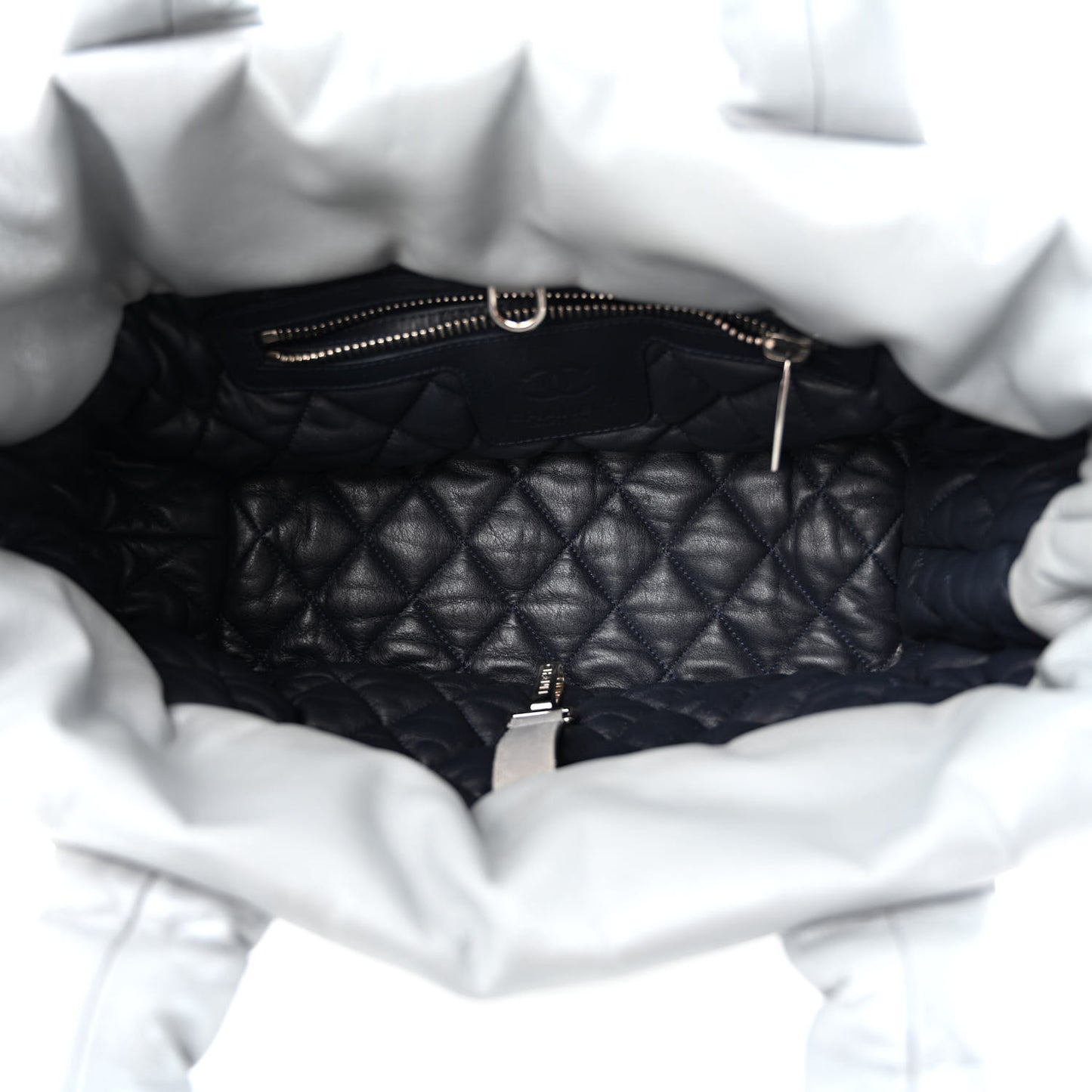 Metallic Lambskin Quilted Small Coco Cocoon Reversible Tote Light Grey