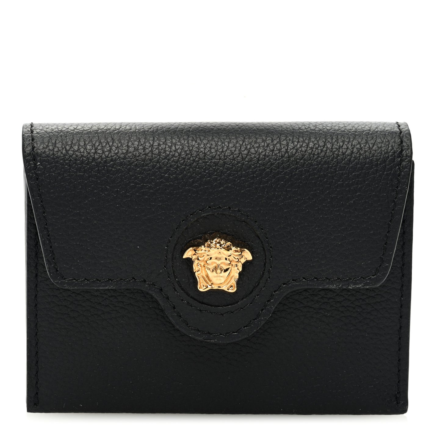 Grained Calfskin Medusa Gusset Holder Wallet Black