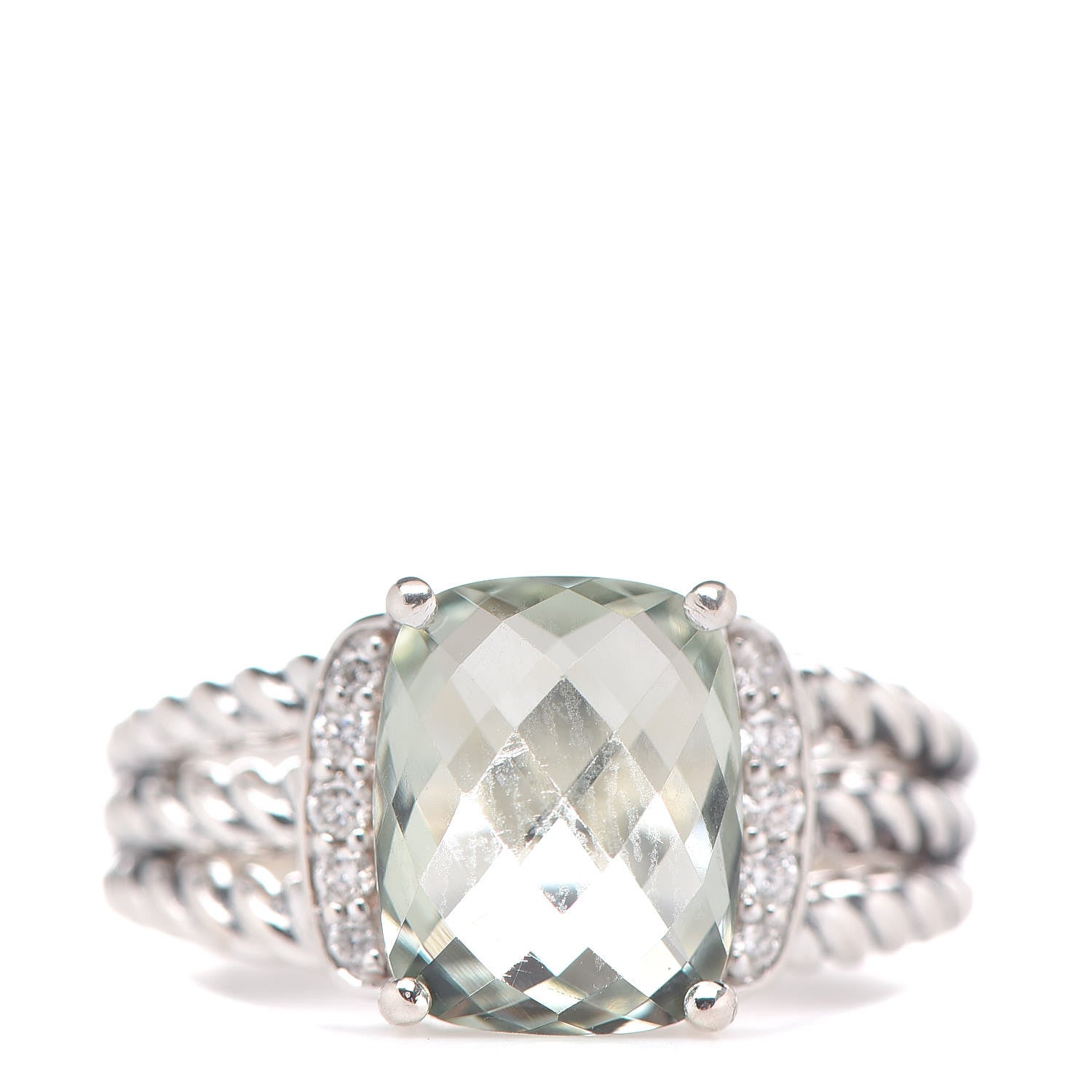 David Yurman Sterling Silver Diamond Prasiolite 10mm Petite Wheaton Ring 50 5.5 1 of 5