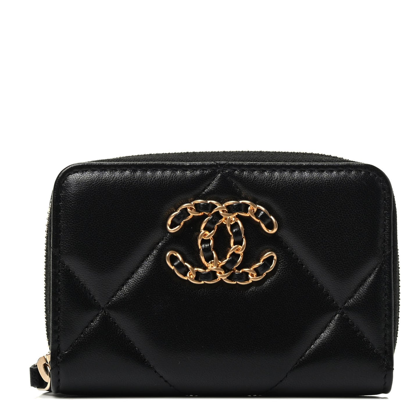 Lambskin Quilted Chanel 19 Zip Around Coin Purse Wallet Black