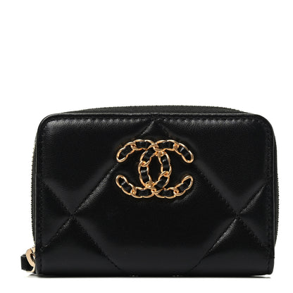 Chanel Lambskin Quilted Chanel 19 Zip Around Coin Purse Wallet Black 1 of 3