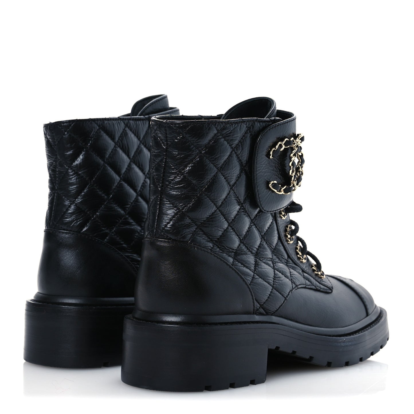 Shiny Calfskin Quilted Lace Up Combat Boots 37 Black