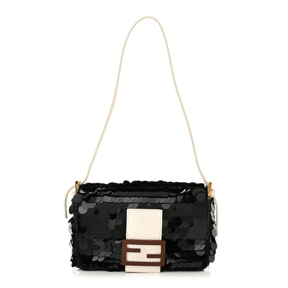 Fendi Satin Sequin Paillettes Elaphe Plexiglass Mini Baguette 1997 Black Avorio 1 of 10