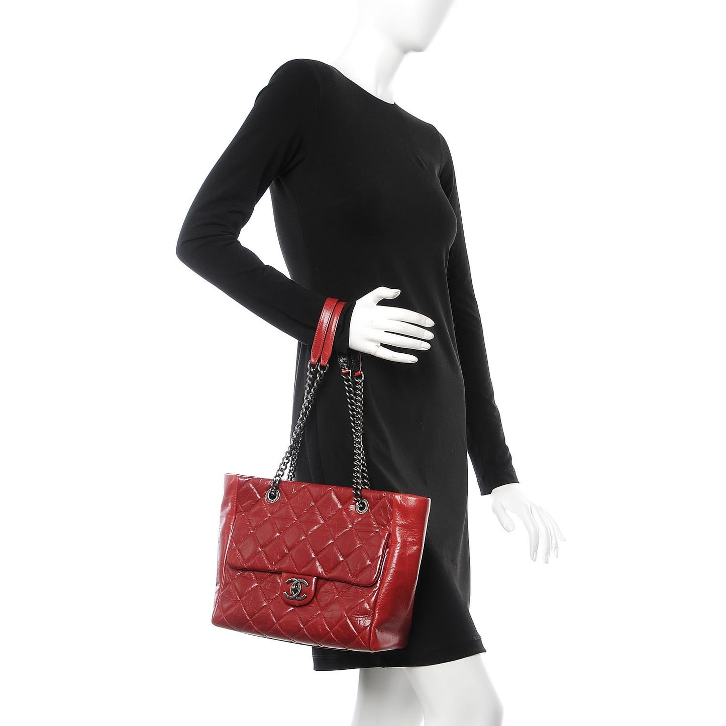 Glazed Calfskin Quilted Front Pocket Tote Red