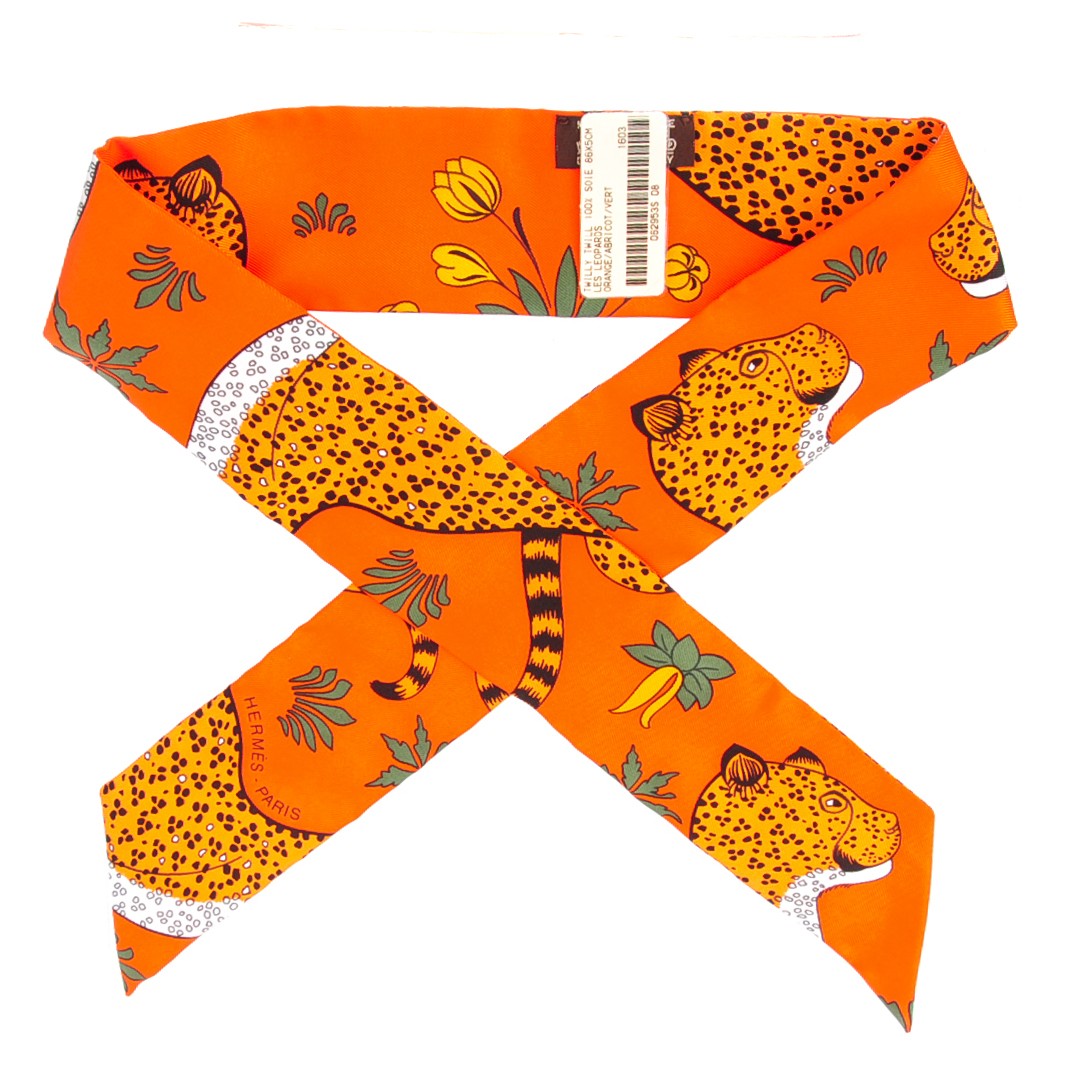 Hermes Silk Les Leopards Twilly Orange Abricot Vert 1 of 6