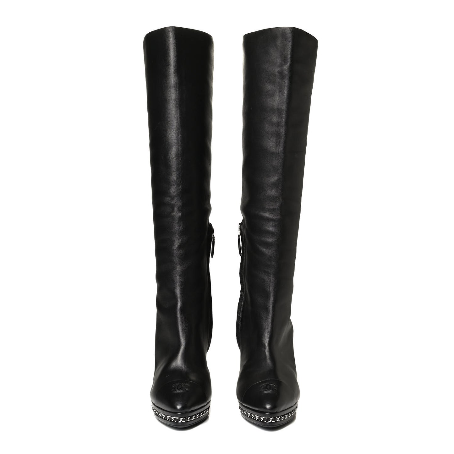 Lambskin CC Platform Cap Toe Chain Knee High Boots 42 Black