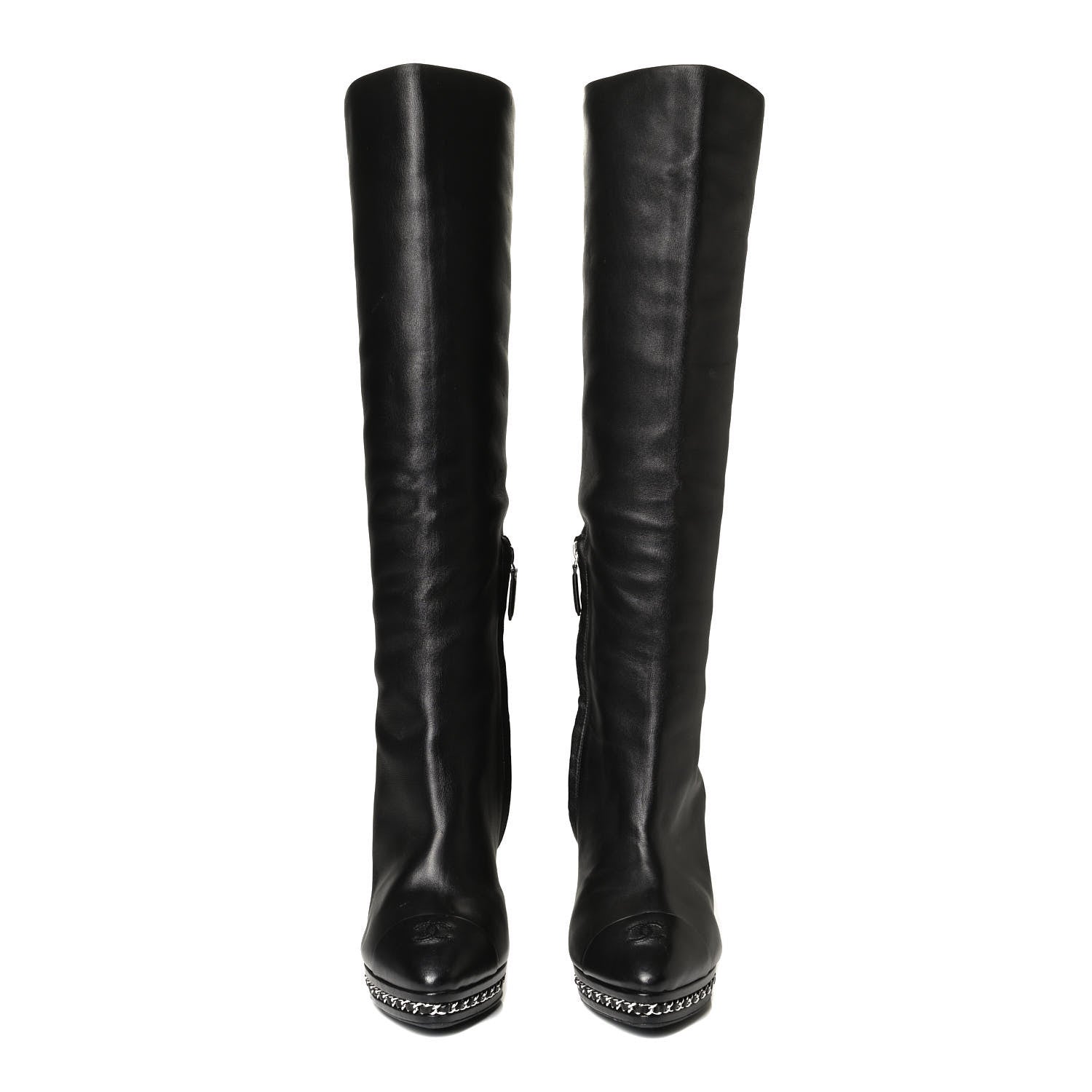 Chanel Lambskin CC Platform Cap Toe Chain Knee High Boots 42 Black 4 of 18