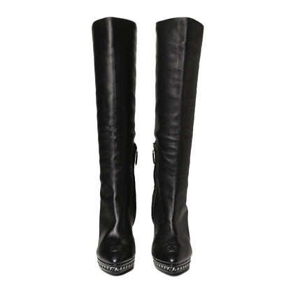 Chanel Lambskin CC Platform Cap Toe Chain Knee High Boots 42 Black 4 of 18