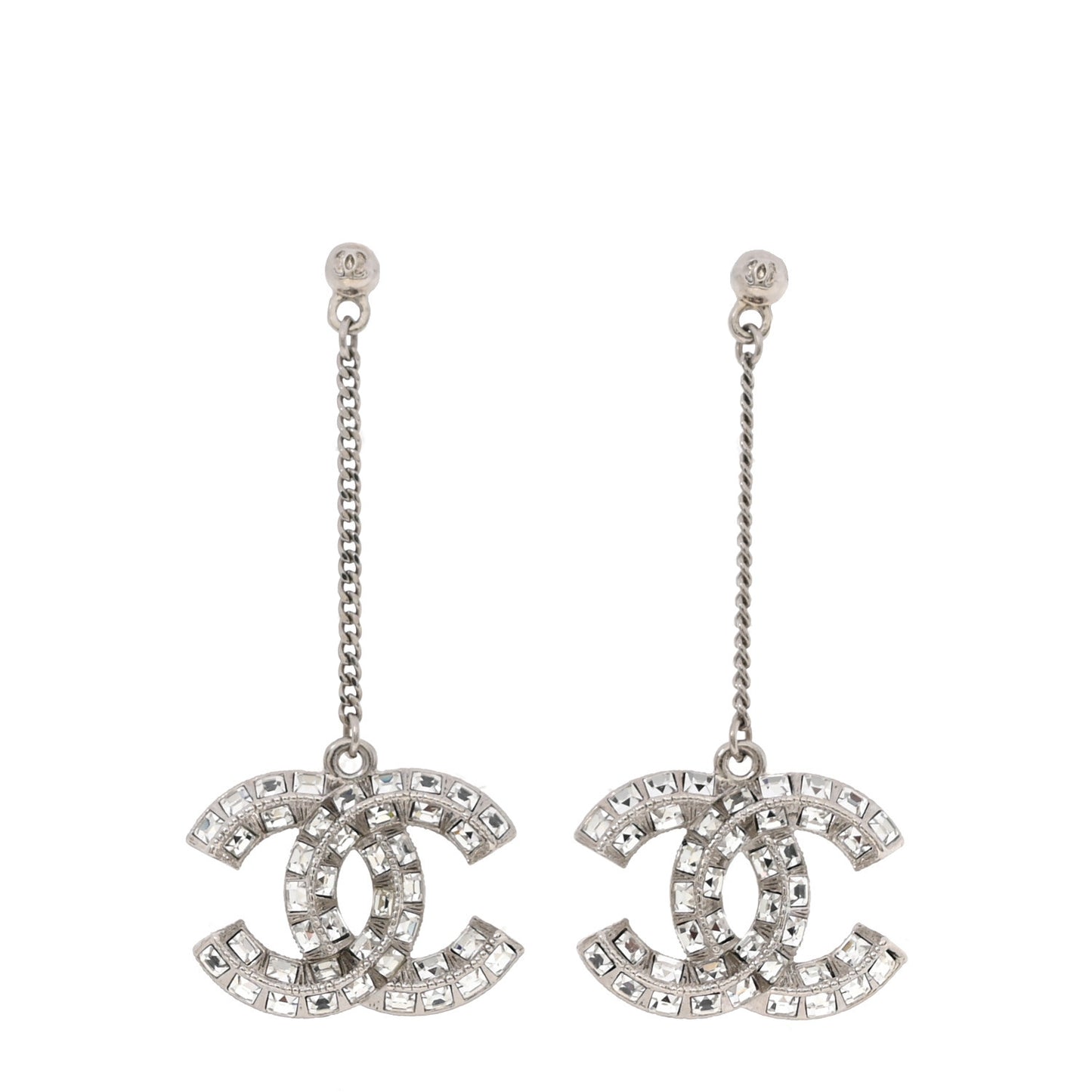 Baguette Crystal CC Drop Earrings Silver