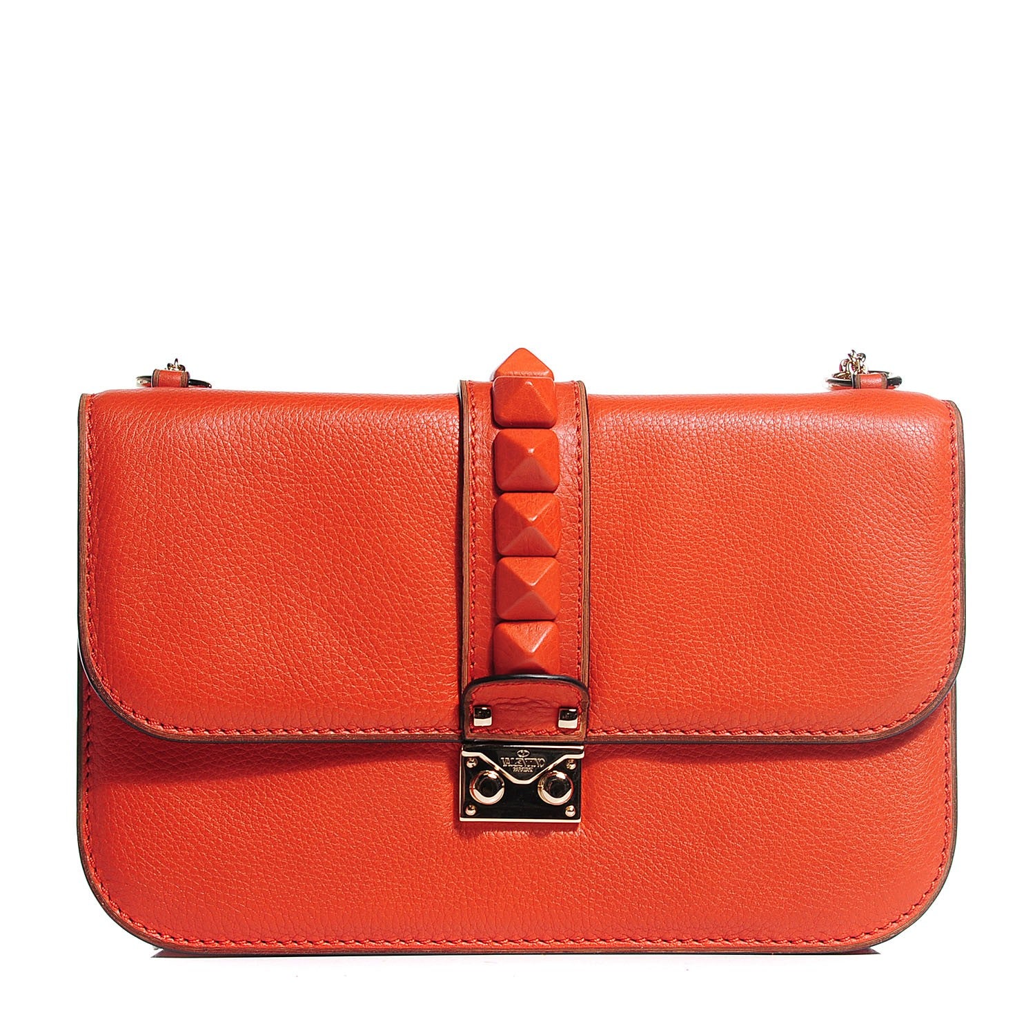 Valentino Garavani Pebbled Calfskin Monochrome Medium Glam Lock Rockstud Flap English Red 1 of 7