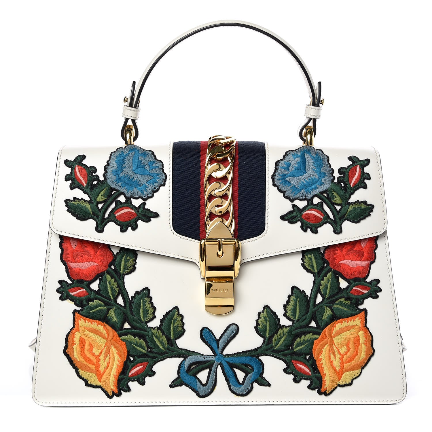 Gucci Calfskin Embroidered Medium Sylvie Top Handle Bag White 1 of 9