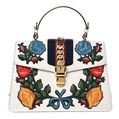 Gucci Calfskin Embroidered Medium Sylvie Top Handle Bag White 1 of 9