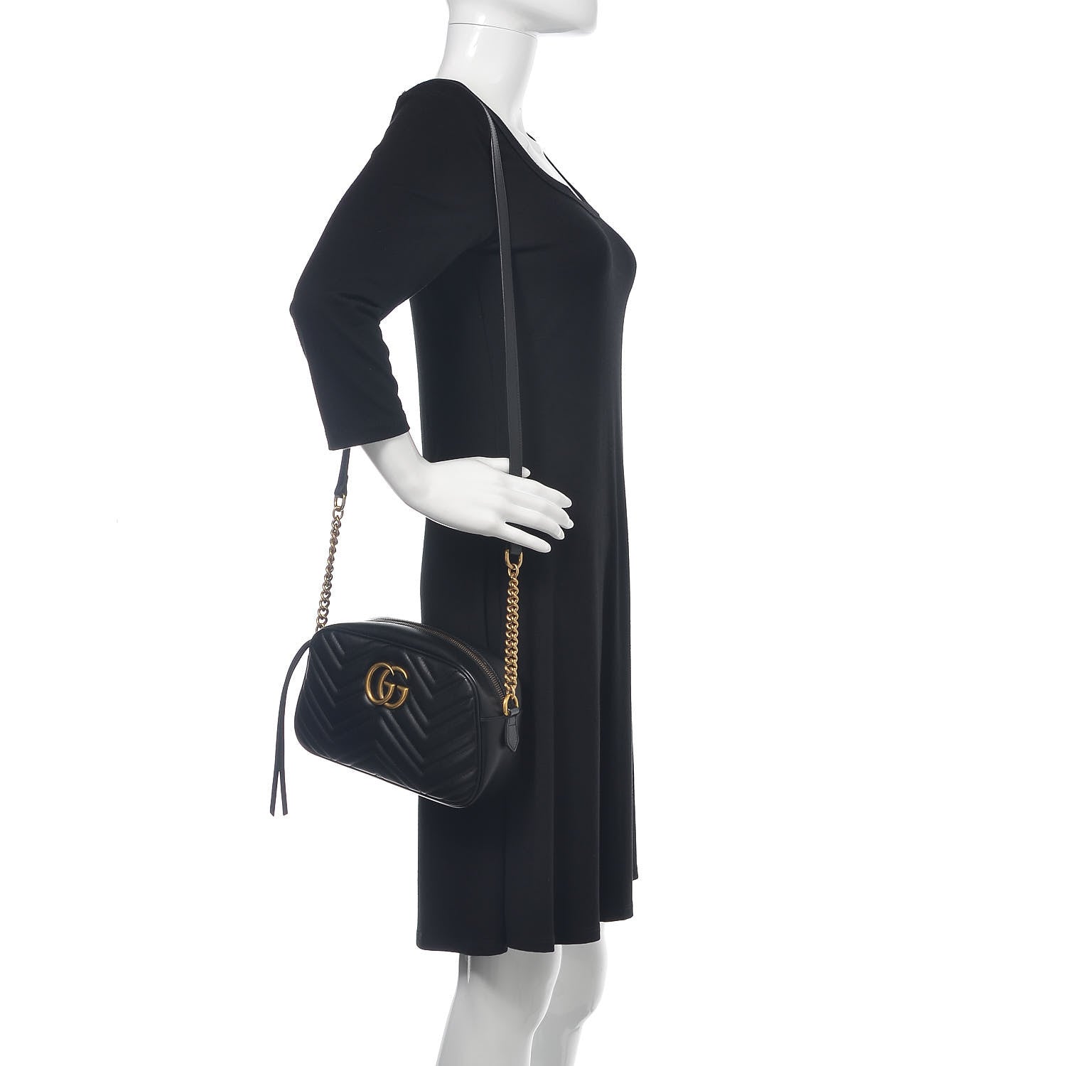 Gucci Calfskin Matelasse Small GG Marmont Chain Shoulder Bag Black 2 of 9