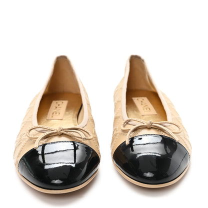 Chanel Lambskin Patent Double Stitched CC Cap Toe Ballerina Flats 41 Beige Black 3 of 9