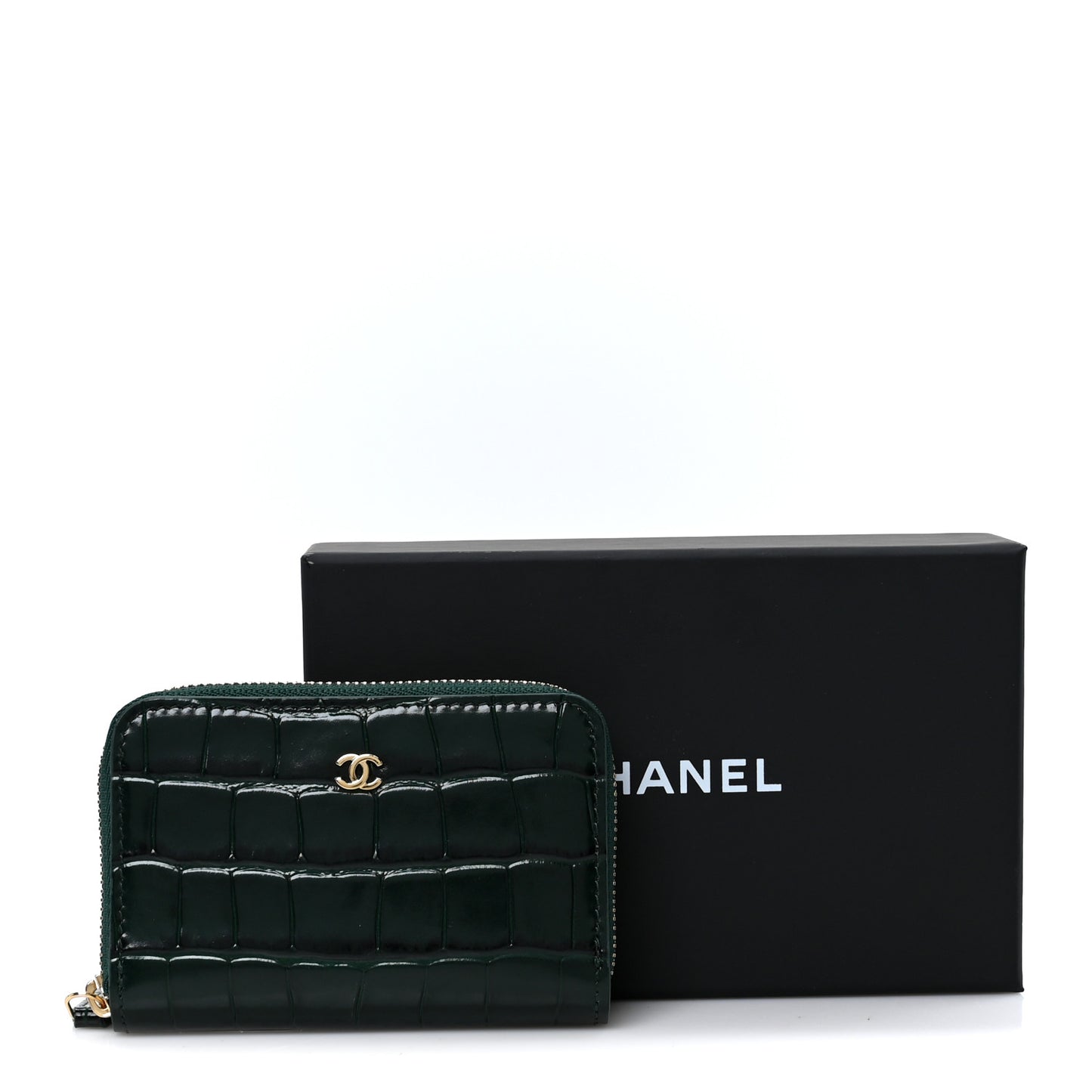 Calfskin Crocodile Embossed Crococo Zip Coin Purse Emerald