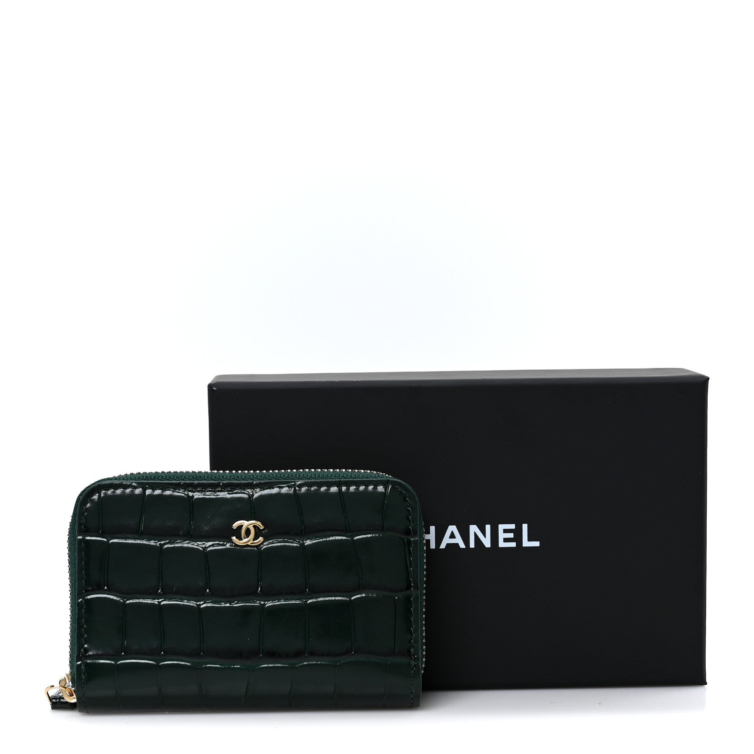 Chanel Calfskin Crocodile Embossed Crococo Zip Coin Purse Emerald 9 of 9