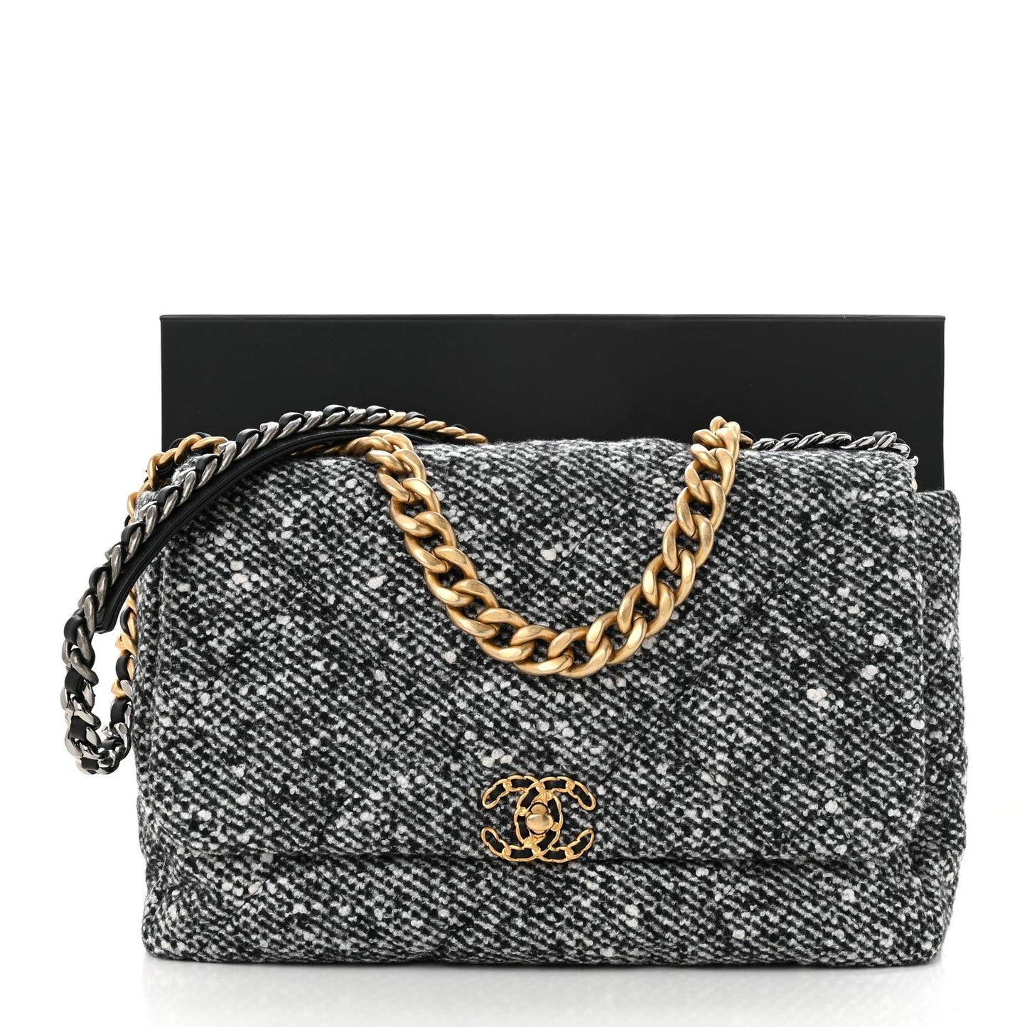 Tweed Quilted Maxi Chanel 19 Flap Black White