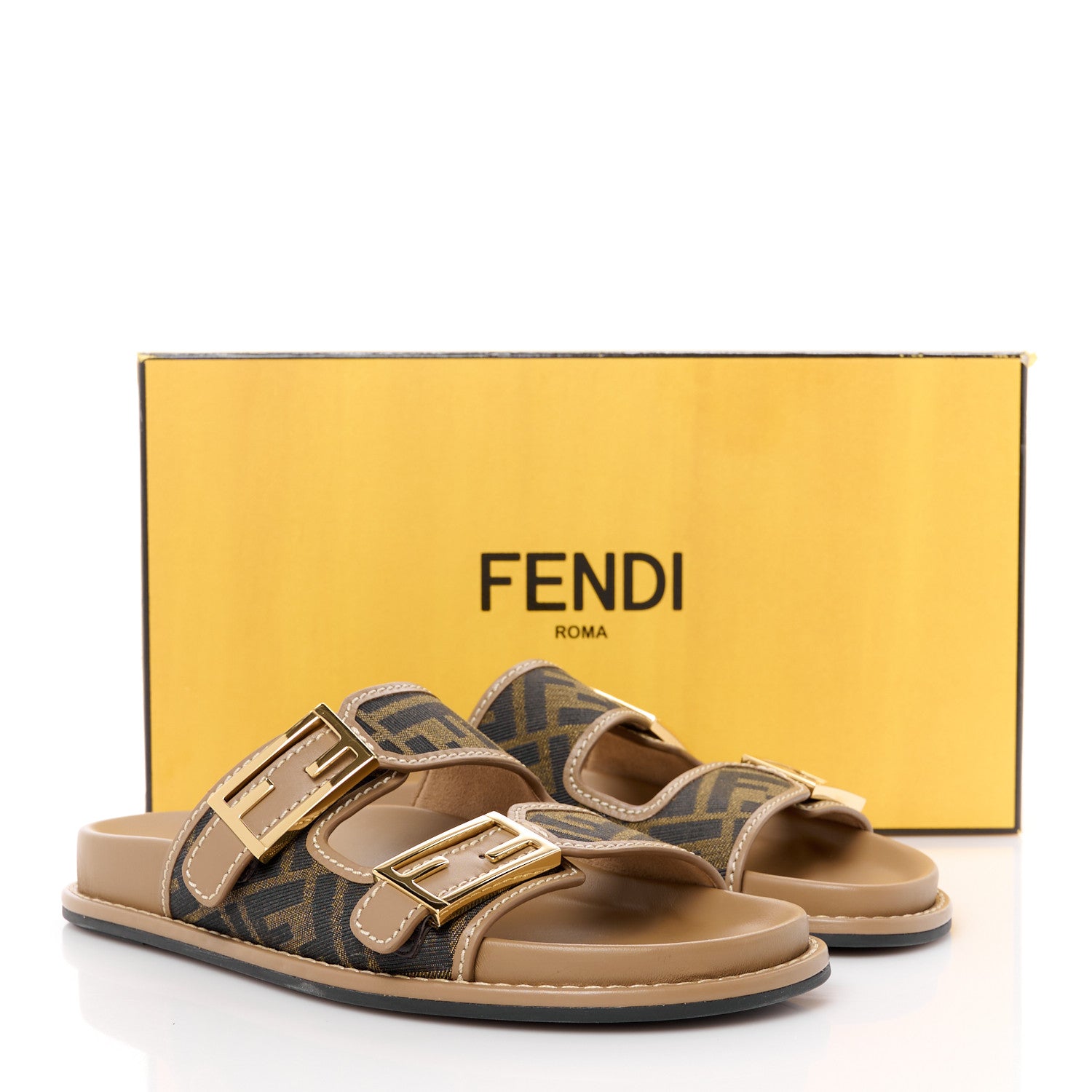 Fendi Fabric Jacquard Nappa FF Womens Fendi Feel Buckled Slide Sandals 35.5 Tobacco Black Miele Scuro 39 10 of 10