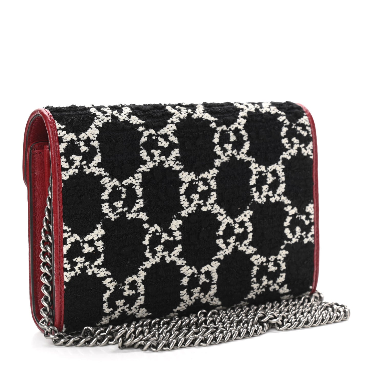 Tweed GG Monogram Mini Dionysus Chain Wallet Black White Romantic Cherry