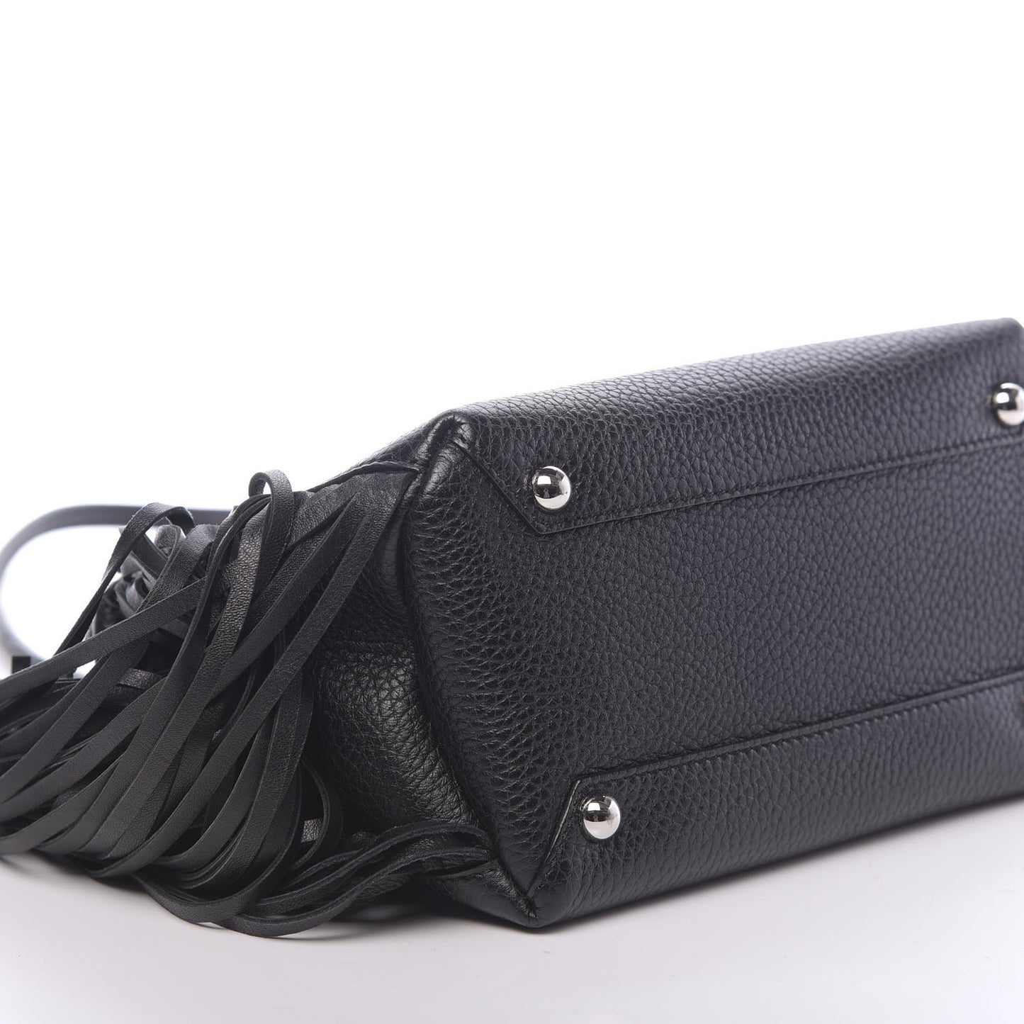 Grainy Calfskin Studded Fringe Baby Banner Tote Black