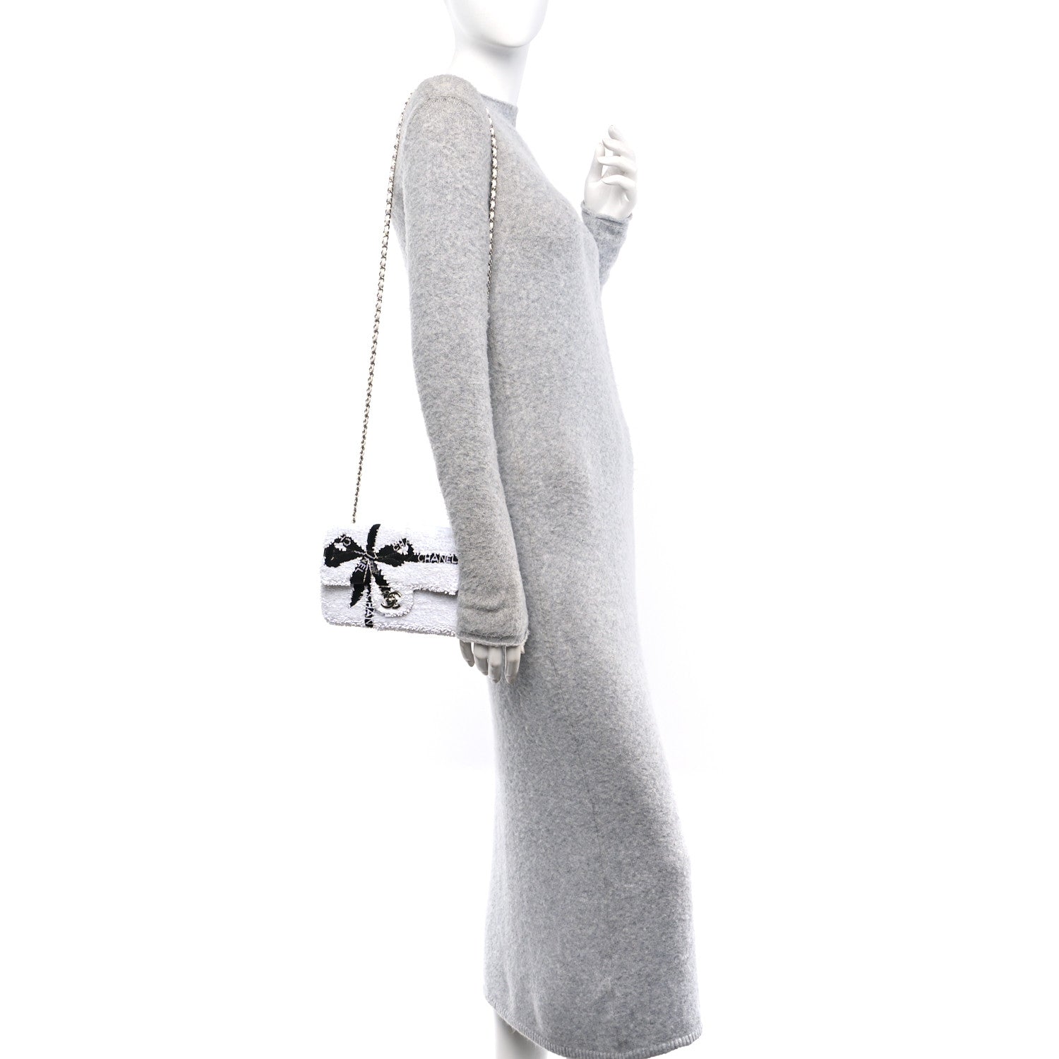 Chanel Sequin Ribbon Mini Rectangular Flap White Black 3 of 11