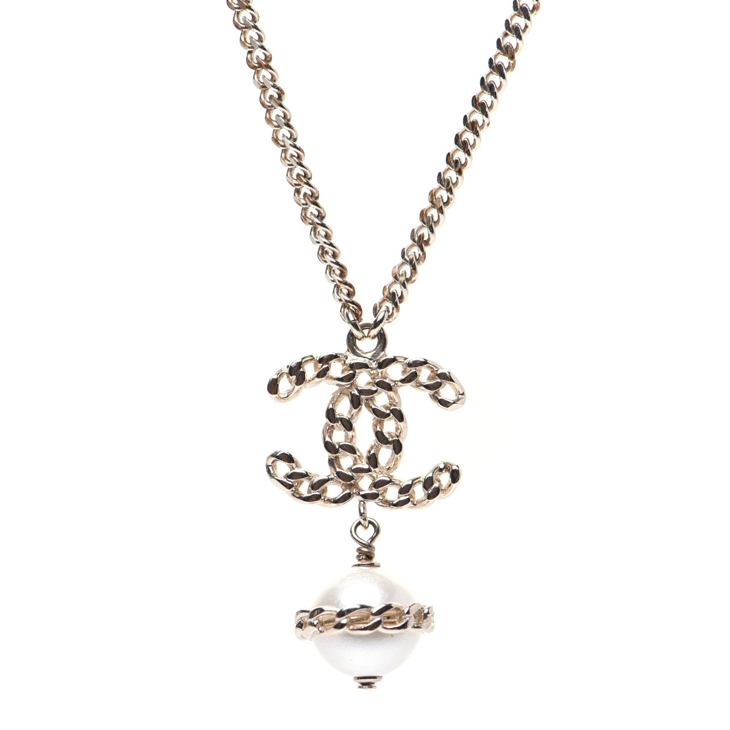 Chain CC Pearl Drop Necklace Gold
