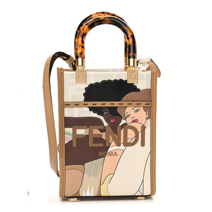 Fendi Glazed Fabric Plexiglass FF Logo Bikini Girls Mini Fendi Sunshine Shopper Tote Bianco Perla Multicolor Miele Scuro 1 of 9