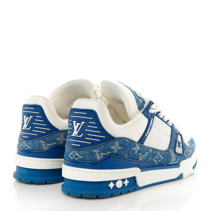 Louis Vuitton Calfskin Embossed Monogram Denim Mens LV Trainer Sneakers 7.5 Blue 4 of 9