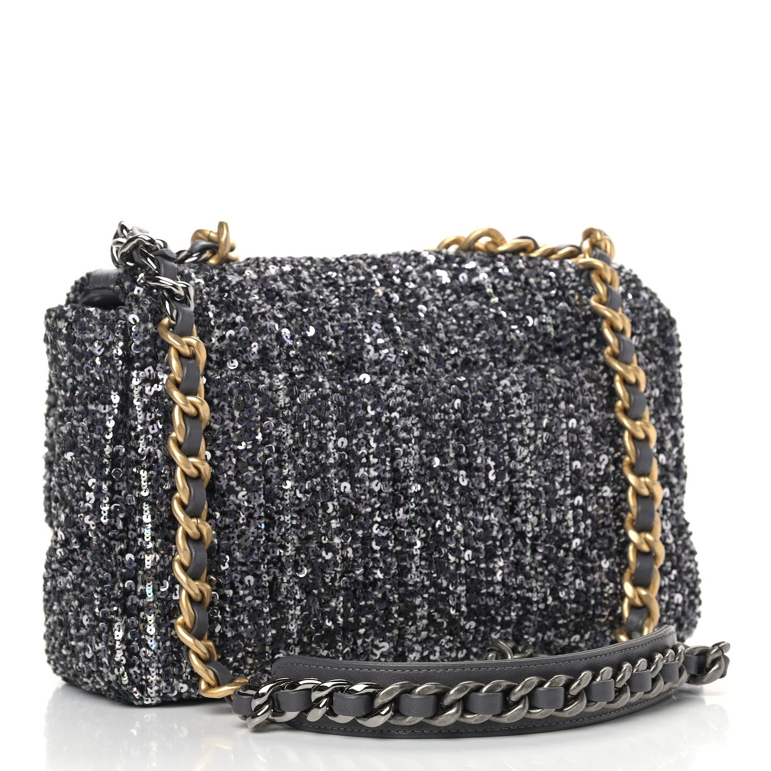 Chanel Sequin Quilted Medium Chanel 19 Flap Black Silver 3 of 9